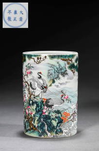 A FAMILLE ROSE 'PINE AND CRANE' BRUSH POT: A FAMILLE ROSE 'PINE AND CRANE' BRUSH POT Dimensions: Width: 10 cm (3.9 in.), Height: 14.5 cm (5.7 in.). All measurements are approximate.