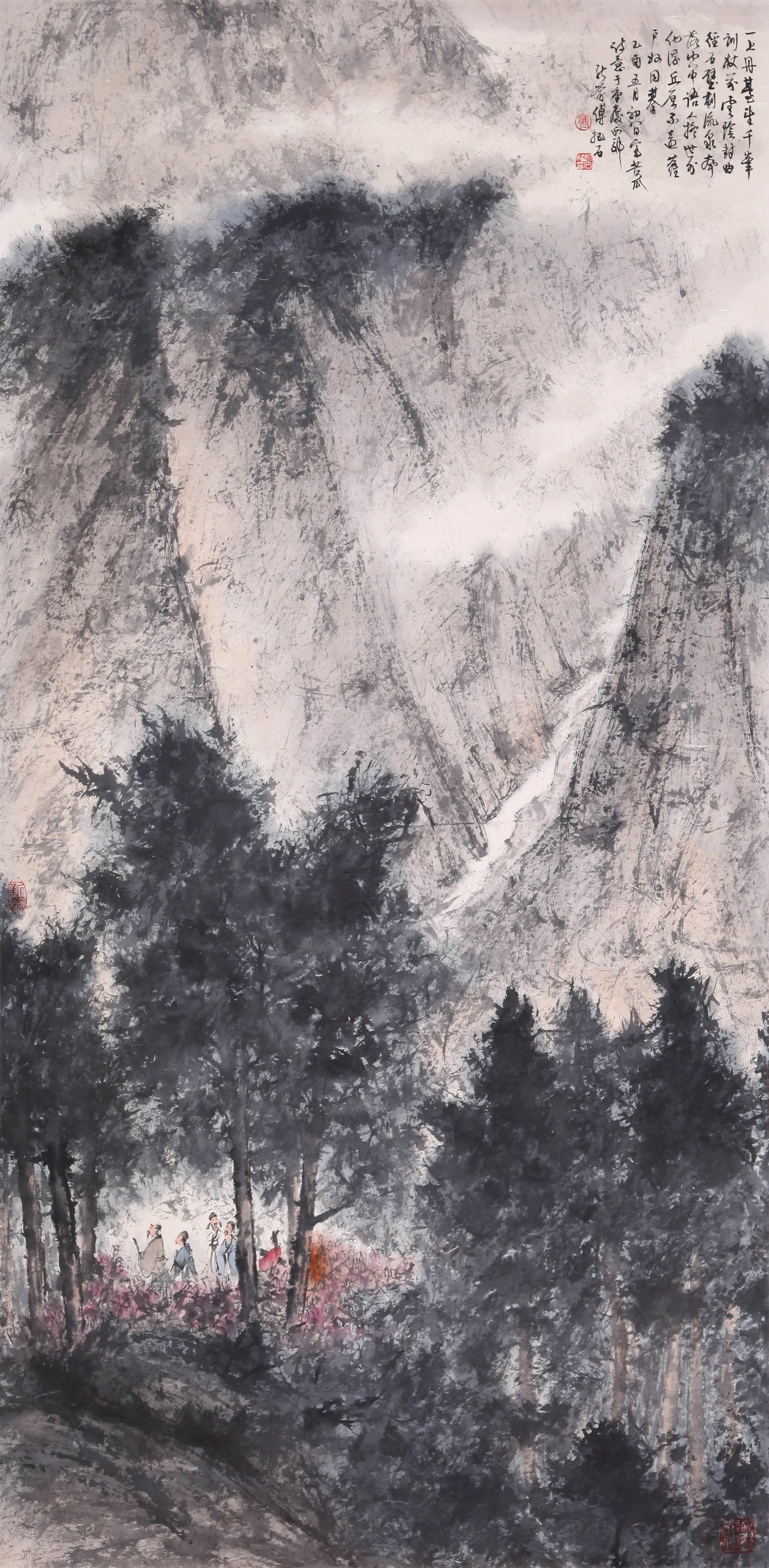 ATTRIBUTED TO FU BAOSHI, VISITING A FRIEND: Attributed to Fu Baoshi (1904-1965), Visiting a Friend with a Qin. Ink and color on paper, hanging scroll. 137 x 68 cm. Condition: Creases and stains on the mounting and painting.