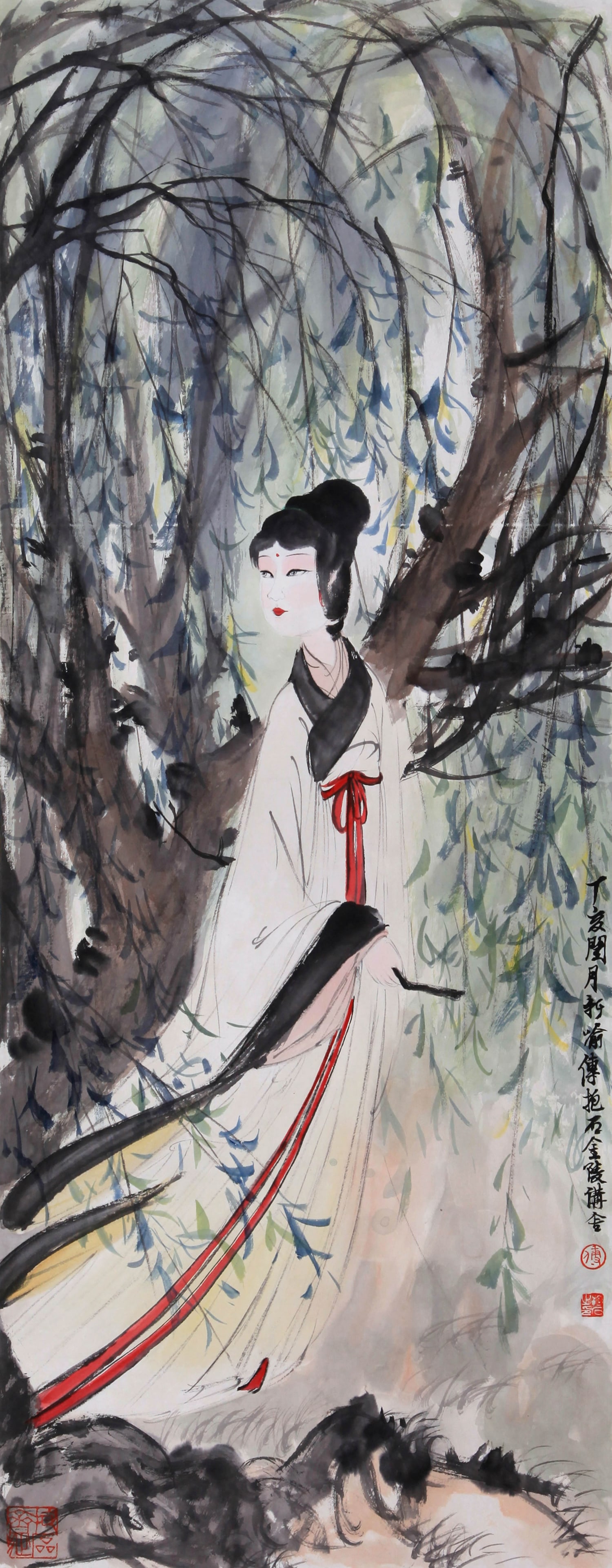 ATTRIBUTED TO FU BAOSHI, LADY UNDER A WILLOW TREE: Attributed to Fu Baoshi (1904-1965), Lady Under a Willow Tree. Ink and color on paper, hanging scroll. 104 x 41 cm. Condition: Creases and stains on the mounting and painting.
