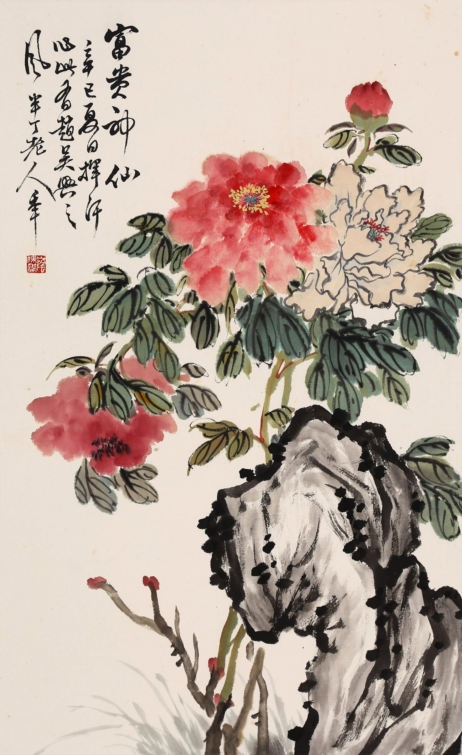 ATTRIBUTED TO CHEN BANDING, PEONIES AND ROCK: Attributed to Chen Banding (1876-1970), Peonies and Rock. Ink and color on paper, mounted. 69 x 43 cm. Condition: Creases and stains on the mounting and painting.