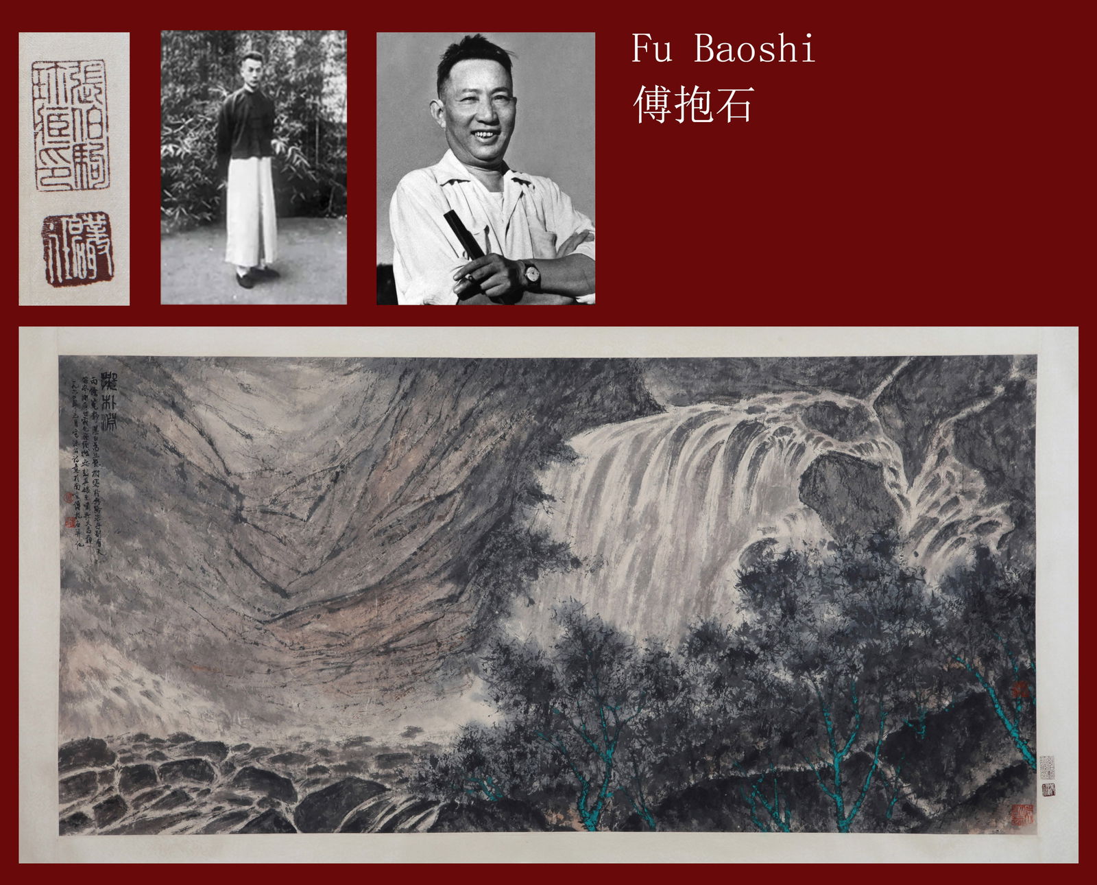 ATTRIBUTED TO FU BAOSHI, LANDSCAPE AFTER PU YUAN: Attributed to Fu Baoshi (1904-1965), Landscape in the style of Pu Yuan. Ink and color on paper, mounted. 68 x 138 cm. Condition: Creases and stains on the mounting and painting.