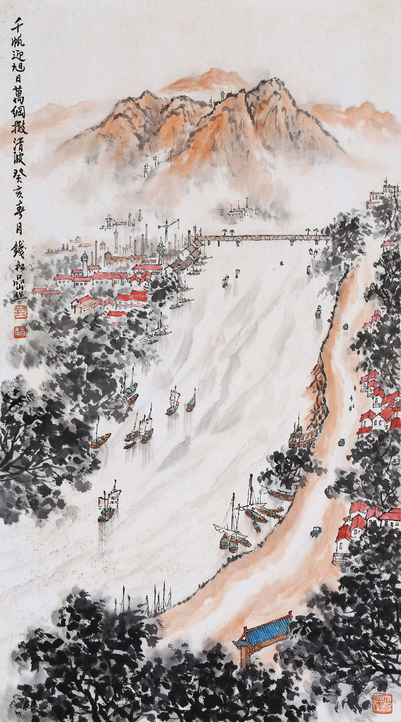 ATTRIBUTED TO QIAN SONGYAN, THOUSAND SAILS GREETING THE SUN: Attributed to Qian Songyan (1899-1985), A Thousand Sails Greeting the Rising Sun. Ink and color on paper, unmounted, on paper backing. 80 x 44 cm. Condition: Unmounted.