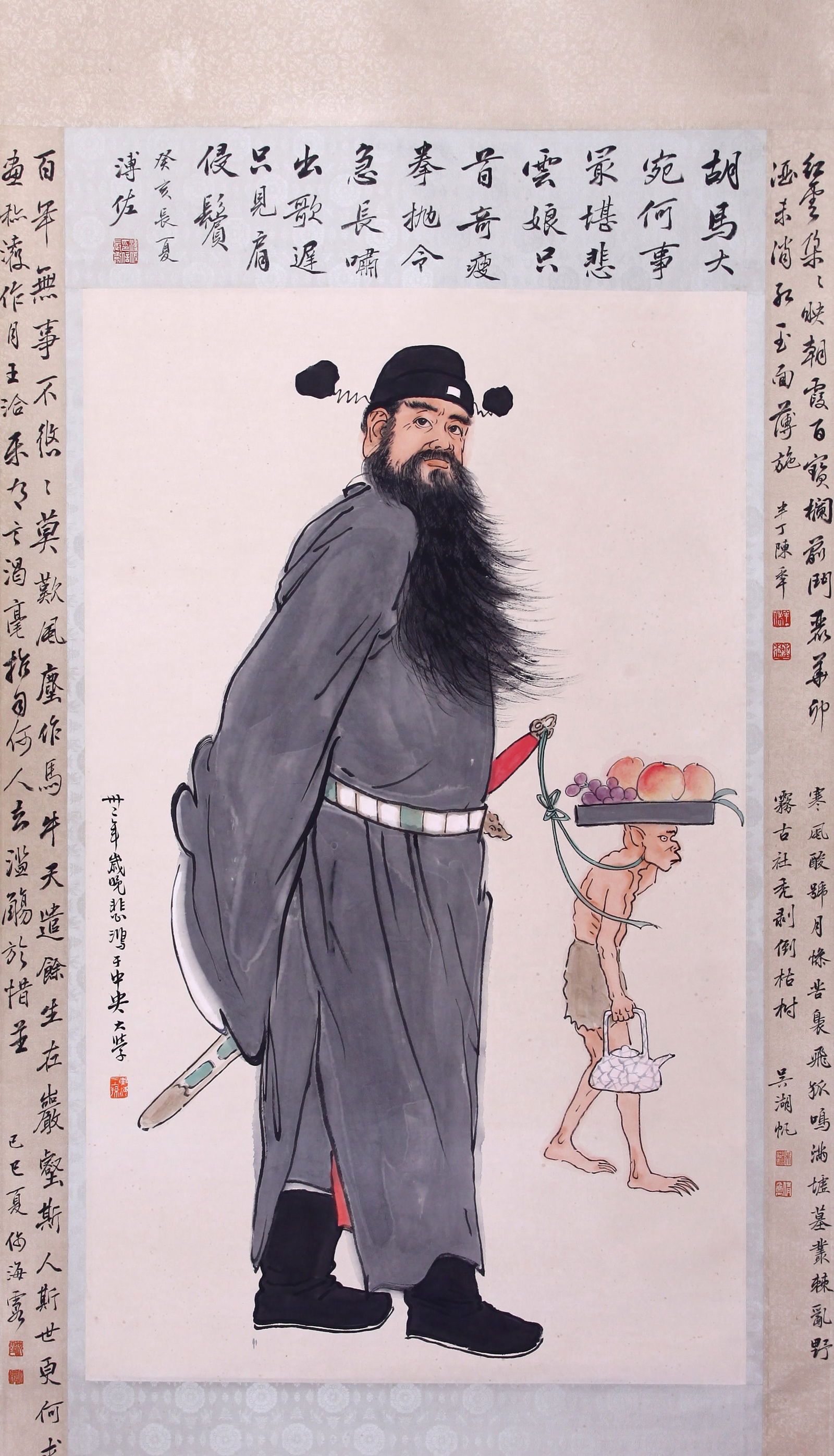 ATTRIBUTED TO XU BEIHONG, ZHONG KUI: Attributed to Xu Beihong (1895-1953), Zhong Kui the Demon Queller, with colophons by Chen Banding, He Haixia, Pu Zuo and others. Ink and color on paper, hanging scroll. 124 x 62 cm. Condition: Creases