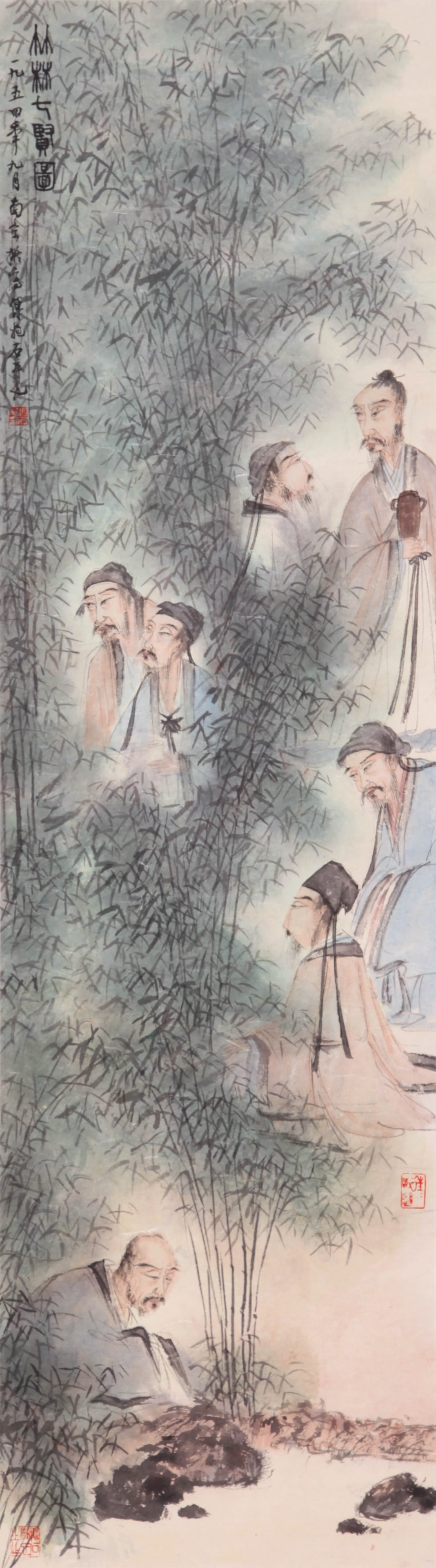 ATTRIBUTED TO FU BAOSHI, SEVEN SAGES OF THE BAMBOO GROVE: Attributed to Fu Baoshi (1904-1965), Seven Sages of the Bamboo Grove. Ink and color on paper, hanging scroll. 119 x 34 cm. Condition: Creases and stains on the mounting and painting.
