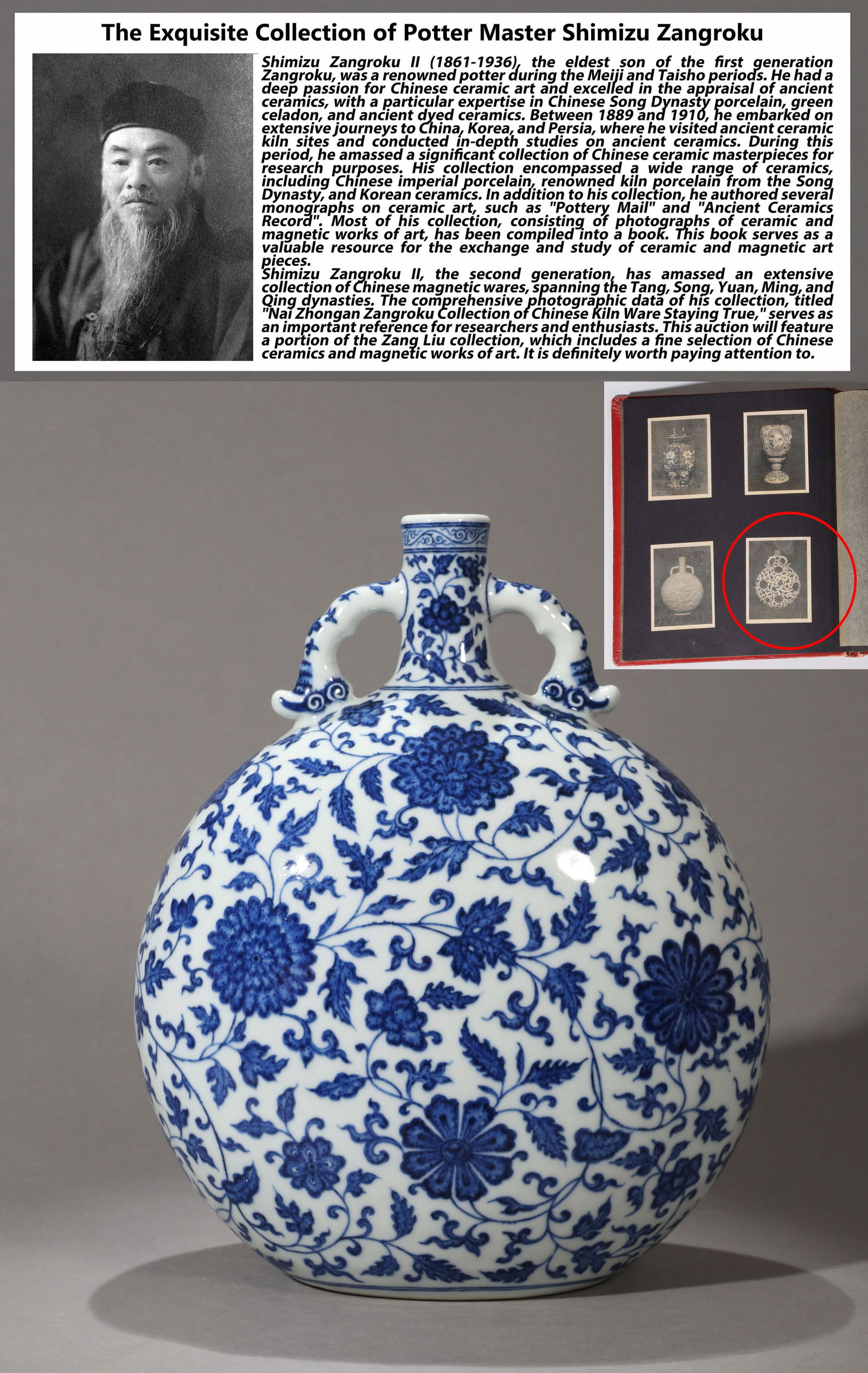 A BLUE-AND-WHITE 'FLORAL SCROLL' MOON FLASK: A blue-and-white moon flask (baoyueping) decorated with scrolling flowers. H. 30 cm. Note: By repute, from the collection of Shinzuishidei Chuan Z????roku. A copy or scan of the original photograph of