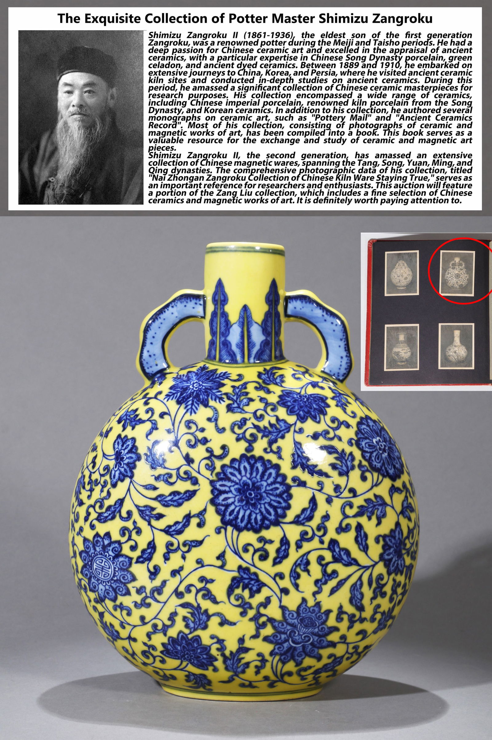 A YELLOW-GROUND BLUE-AND-WHITE 'FLORAL SCROLL' MOON FLASK: A yellow-ground moon flask (baoyueping) decorated in underglaze blue with scrolling flowers. H. 27.5 cm. Note: By repute, from the collection of Shinzuishidei Chuan Z????roku. A copy or scan of the or