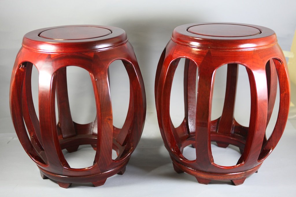A Pair of Tall Rosewood Stools: Pair of tall rosewood stools, exquisitely carved 17 " Height 一对儿花梨木凳子