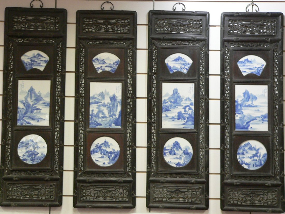 Blue and White Display Panel Plaque. Artist: Wang Bu(:): Blue and White Display Panel Plaque 15" Length 48 " Height 四联青花山水瓷版画（落款：王步