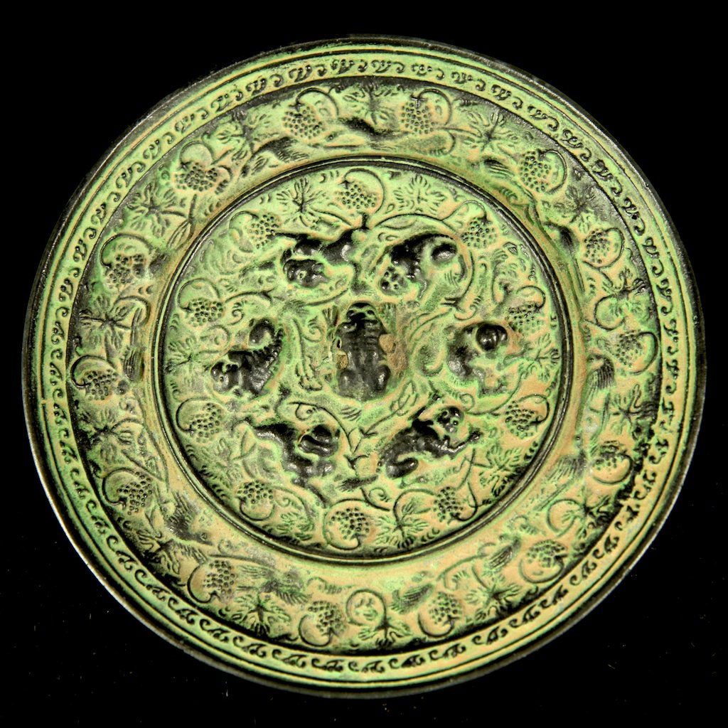 Chinese Bronze Mirror: Exquisite antique bronze mirror with carved frogs in meadow inlay Diameter 5.25" 中国铜镜