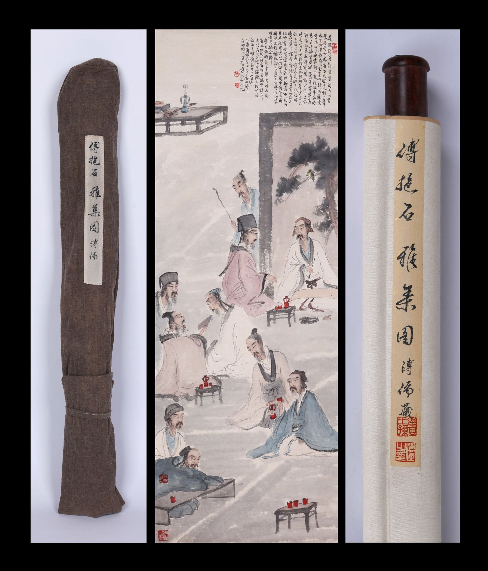 ATTRIBUTED TO FU BAOSHI, ELEGANT GATHERING, HANGING SCROLL: Attributed to Fu Baoshi (1904-1965), Elegant Gathering. Ink and color on paper, hanging scroll. 133 x 47.5 cm. Note: By repute, from the collection of Aisin-Gioro Puru.