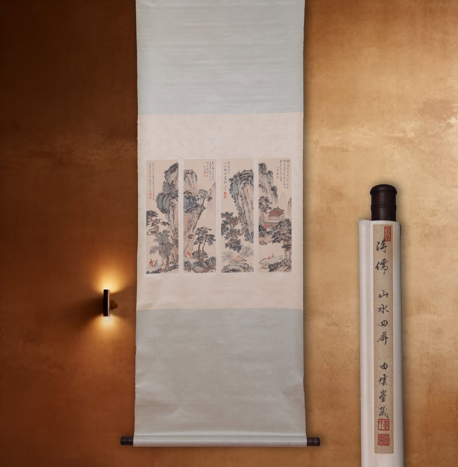 ATTRIBUTED TO PU RU (PU HSIN-YU), LANDSCAPE AND FIGURES, HANGING SCROLL: Attributed to Pu Ru (Pu Hsin-yu). Landscape and Figures. Ink and color on paper, hanging scroll (set of 4). 44 x 12 cm (4). Condition: Creases and stains on the mounting and the painting. Note: By rep