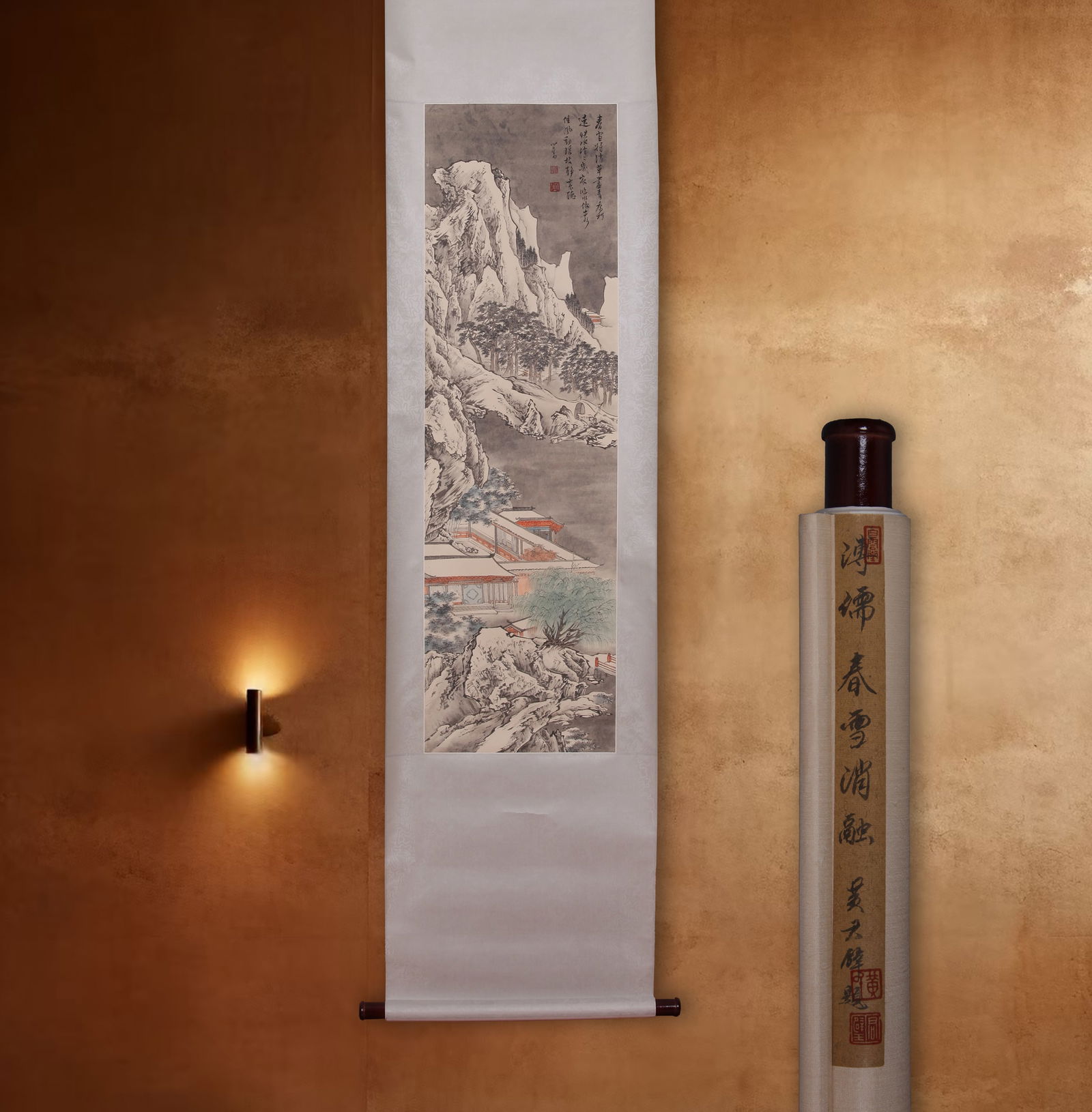 ATTRIBUTED TO PU RU (PU HSIN-YU), LANDSCAPE, HANGING SCROLL: Attributed to Pu Ru (Pu Hsin-yu). Melting Snow. Ink and color on paper, hanging scroll. 114 x 34 cm. Condition: Creases, stains and yellow spots on the mounting and the painting. Note: By repute, from