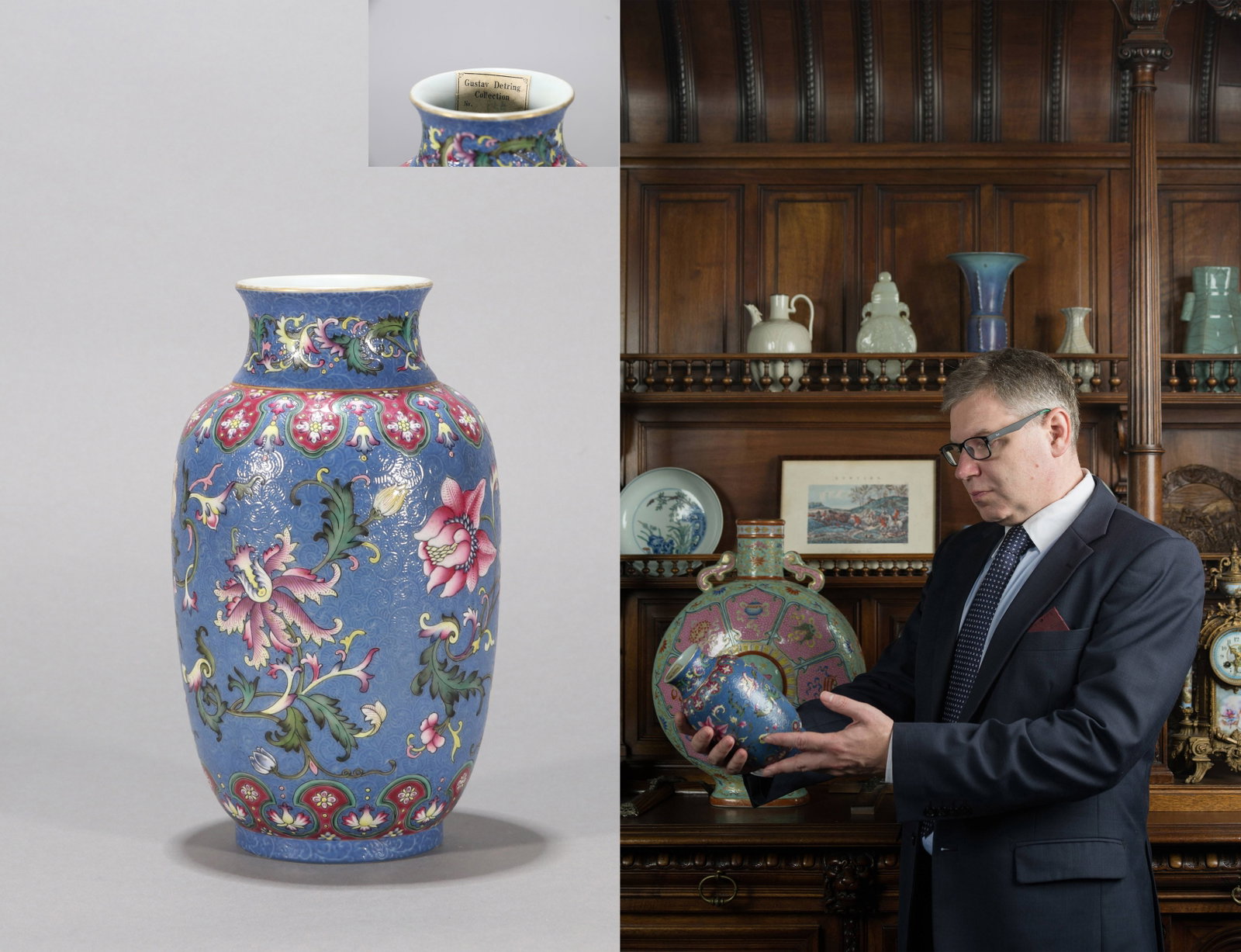 A BLUE-GROUND SGRAFFIATO 'FLORAL' VASE: A blue-ground sgraffiato 'floral' lantern vase. Height 20 cm. Note: By repute, from the collection of Gustav von Detring.
