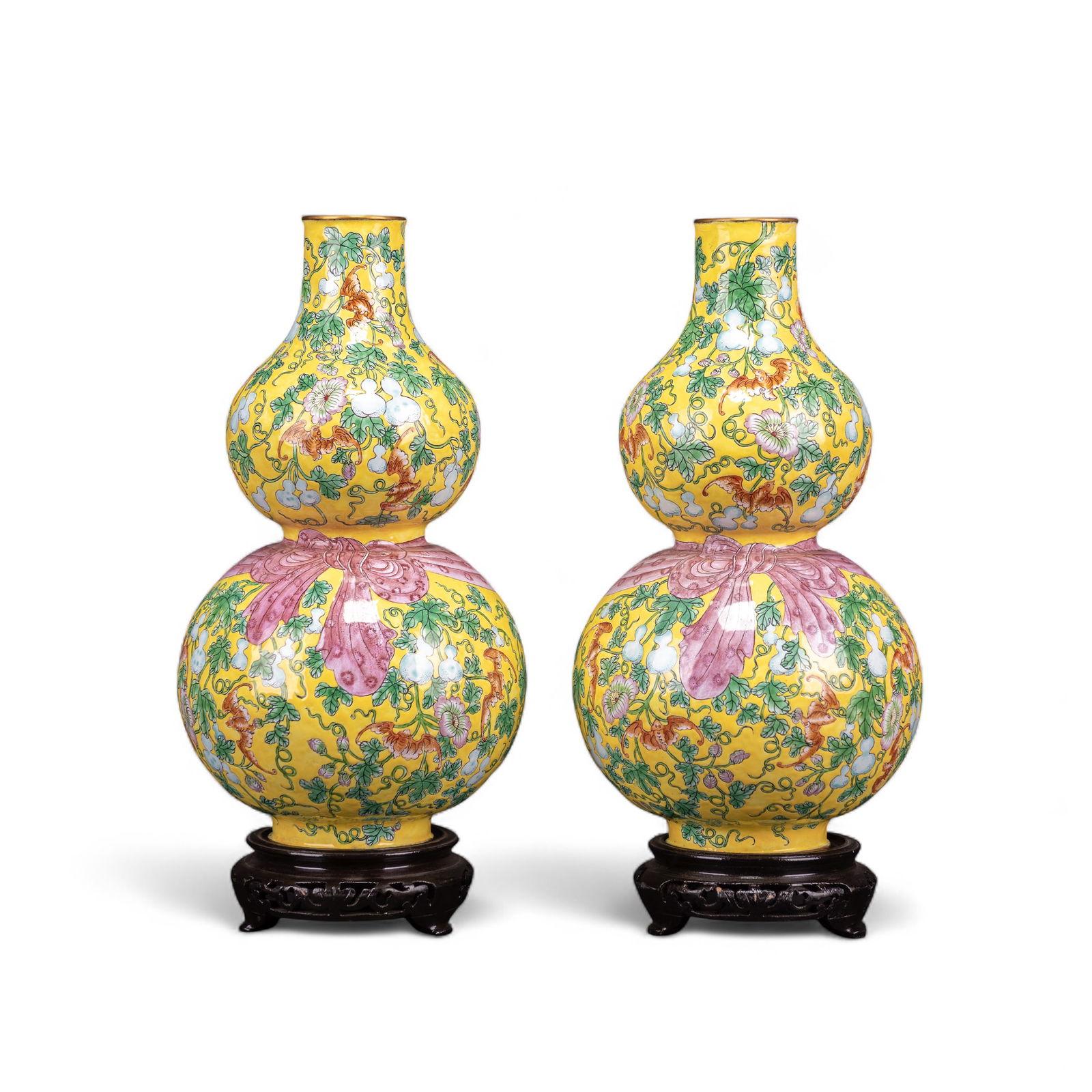 PAIR OF ENAMELED DOUBLE-GOURD BRONZE VASES WITH BASES, REPUBLIC PERIOD (1 of 16)