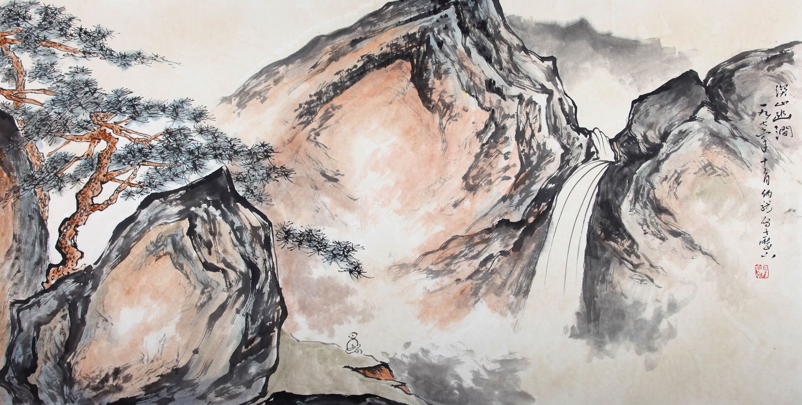 ATTRIBUTED TO HEI BOLONG, LANDSCAPE, HORIZONTAL SCROLL: Attributed to Hei Bolong. Landscape. Ink and color on paper, horizontal scroll. 67 x 132 cm. Condition: Creases and stains on the mounting and the painting.