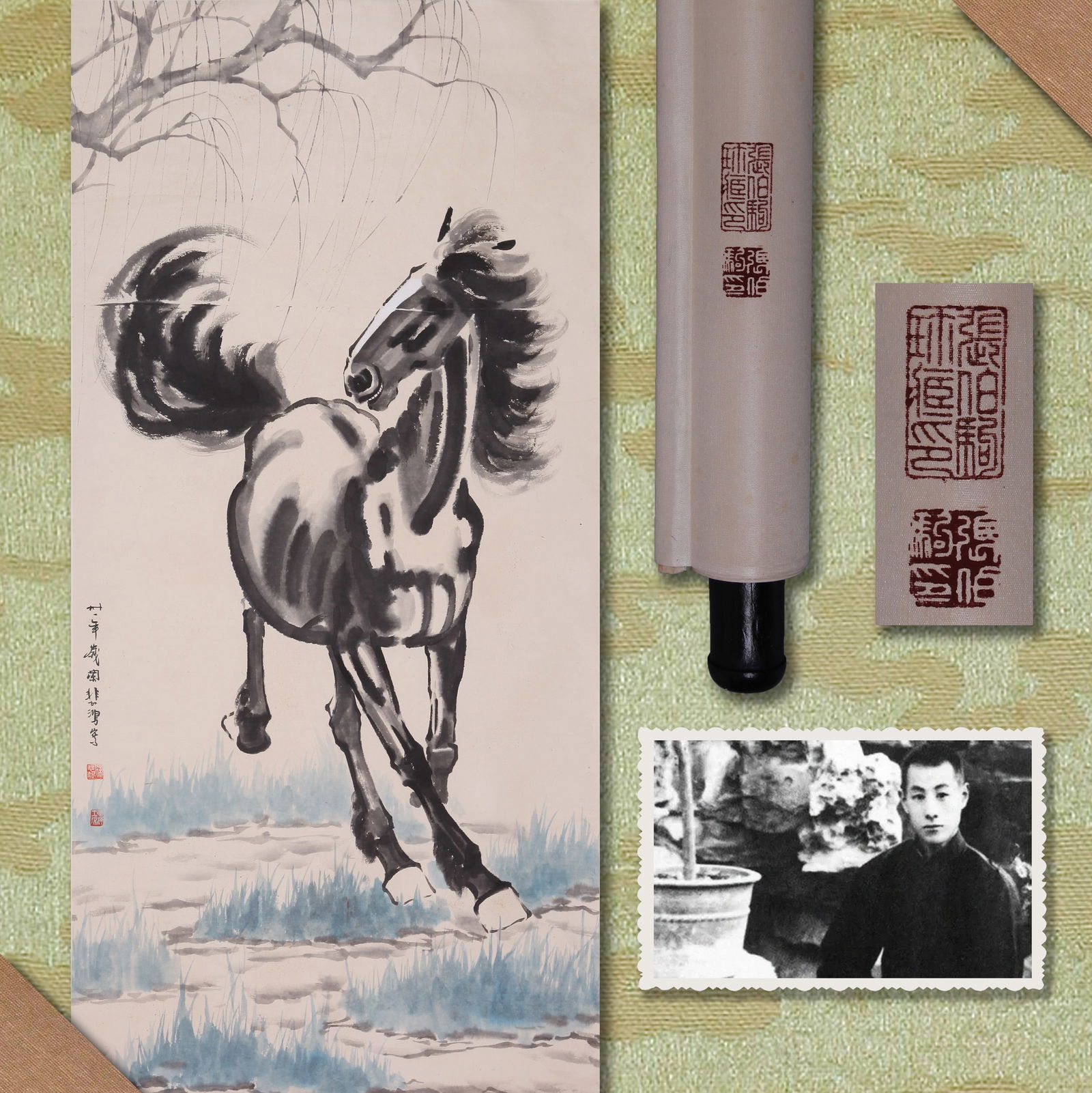 ATTRIBUTED TO XU BEIHONG, GALLOPING HORSE, HANGING SCROLL: Attributed to Xu Beihong. Galloping Horse. Ink and color on paper, hanging scroll. 139 x 68 cm. Condition: Creases, stains and yellow spots on the mounting and the painting. Note: By repute, from the