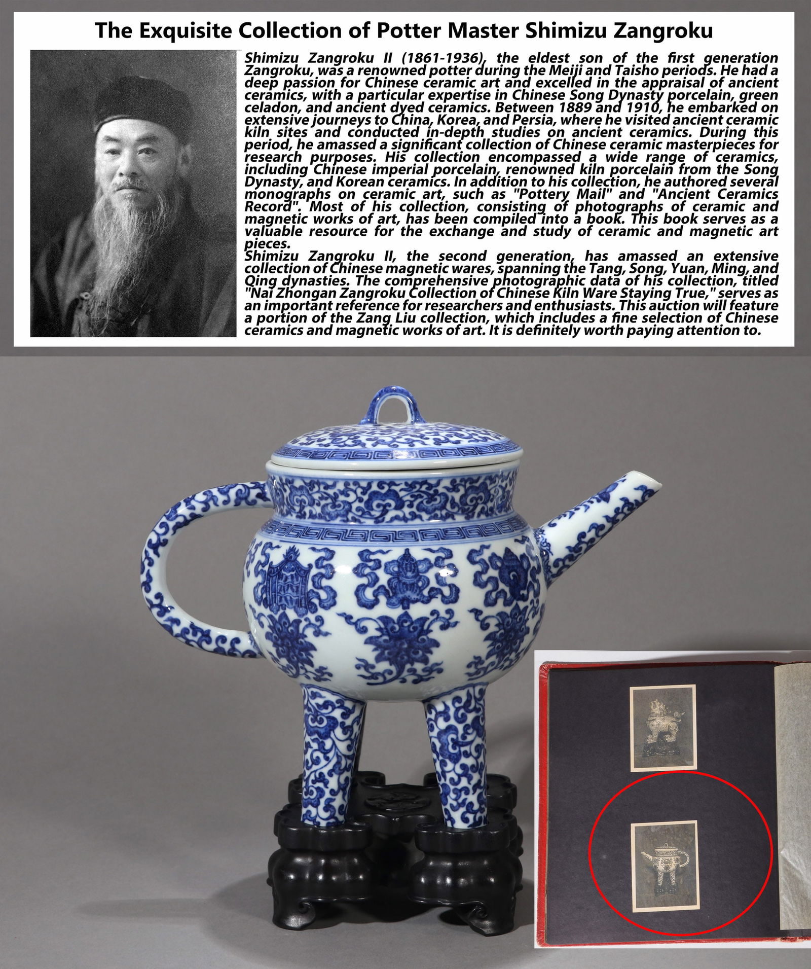 A BLUE AND WHITE EWER: A blue and white ewer (He) decorated with lotus and Eight Buddhist Emblems. Height 21 cm.Note: By repute, from the collection of Mashimizu Zoroku.Original photo of the collection item is only