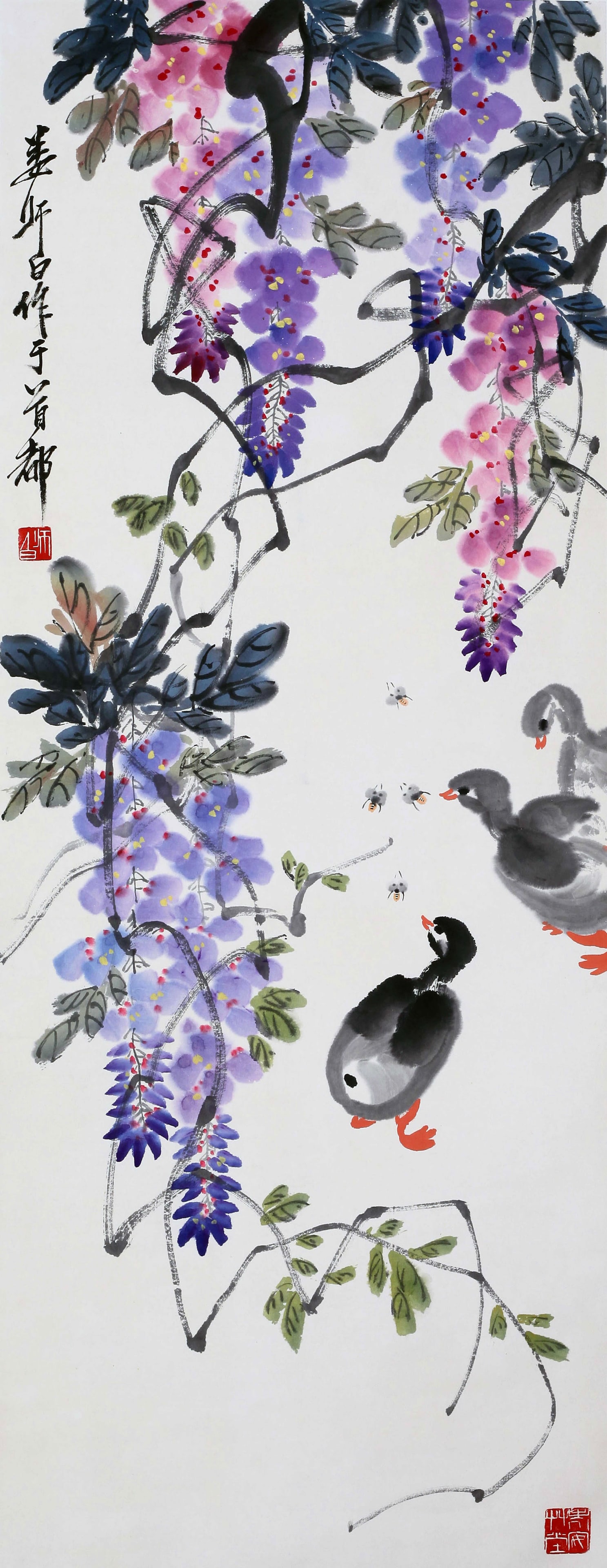 ATTRIBUTED TO LOU SHIBAI, WISTERIA AND DUCKS, MOUNTED FOR FRAMING: Attributed to Lou Shibai. Wisteria and Ducks. Ink and color on paper, mounted for framing. 122 x 47 cm.Condition: Creases and stains on the mounting and the painting.