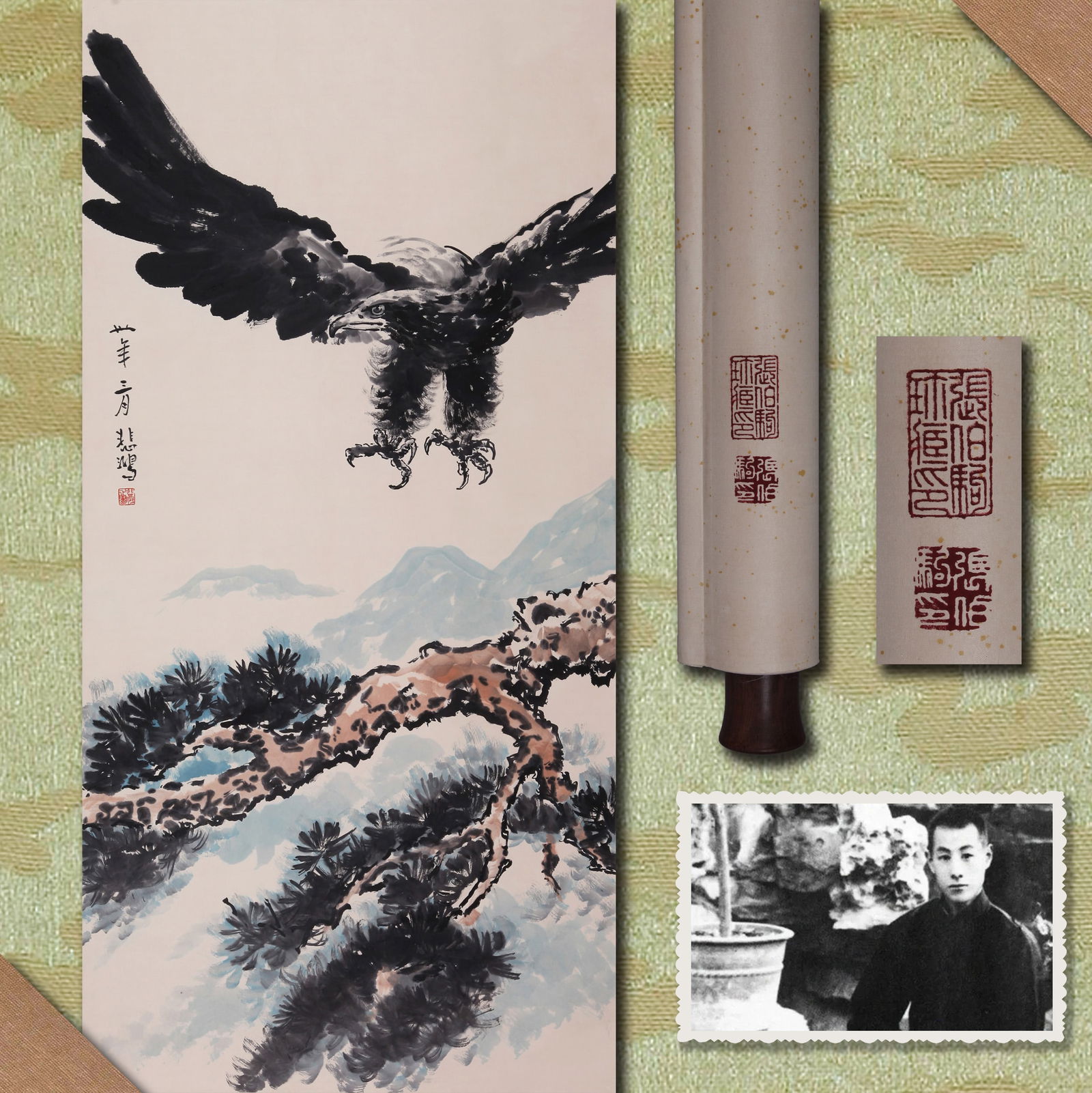 ATTRIBUTED TO XU BEIHONG, PINE AND EAGLE, HANGING SCROLL: Attributed to Xu Beihong. Pine and Eagle. Ink on paper, hanging scroll. 138 x 68 cm. Condition: Creases, stains and yellow spots on the mounting and the painting. Note: By repute, from the collection
