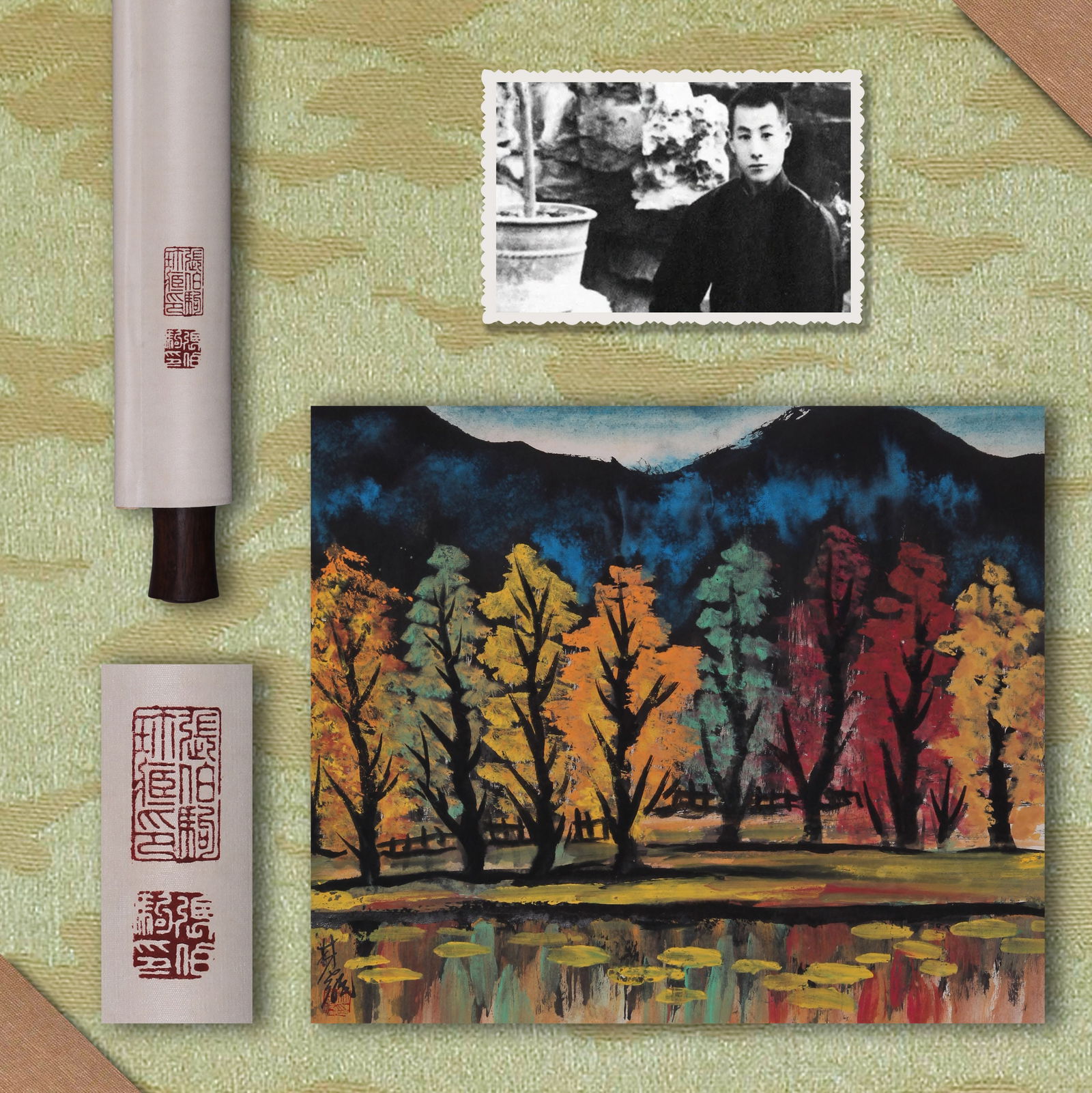 ATTRIBUTED TO LIN FENGMIAN, LANDSCAPE, HANGING SCROLL: Attributed to Lin Fengmian. Autumn Forest in Evening. Ink on paper, hanging scroll. 43.5 x 52 cm.Condition: Creases and stains on the mounting and the painting.Note: By repute, from the collection of