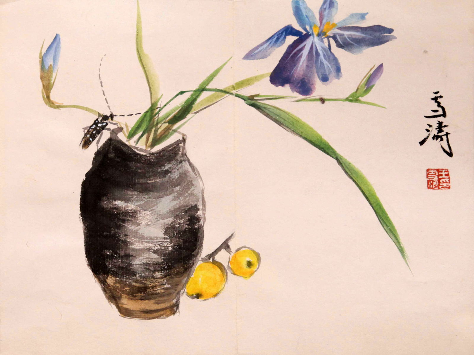 ATTRIBUTED TO WANG XUETAO, FLOWERS AND INSECTS, ALBUM LEAF MOUNTED FOR FRAMING (1 of 5)