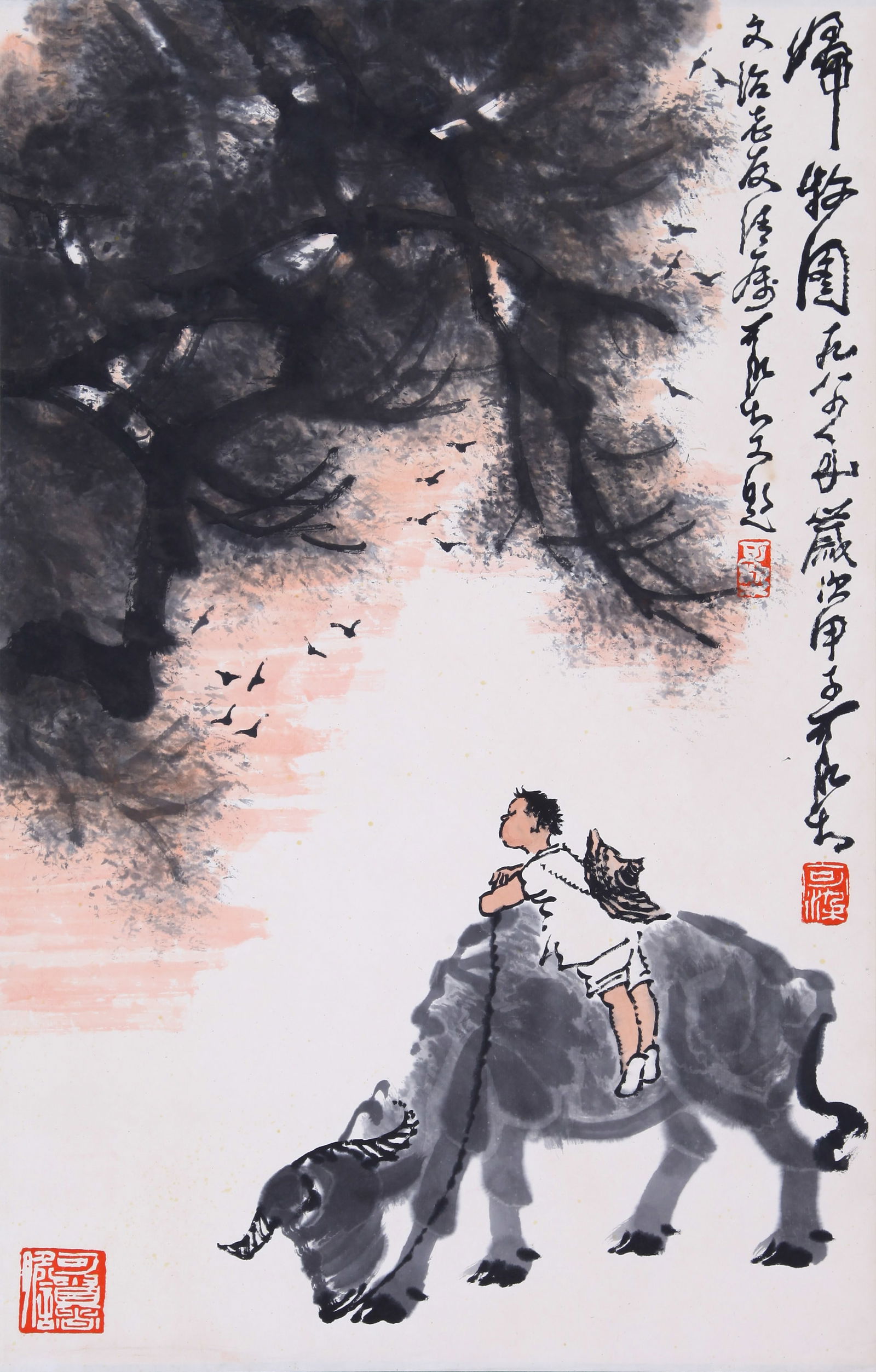ATTRIBUTED TO LI KERAN, HERDING, MOUNTED FOR FRAMING: Attributed to Li Keran. Returning from Herding. 54 x 34 cm. Condition: Creases, stains and yellow spots on the mounting and the painting. Note: Dedicated to Song Wenzhi.