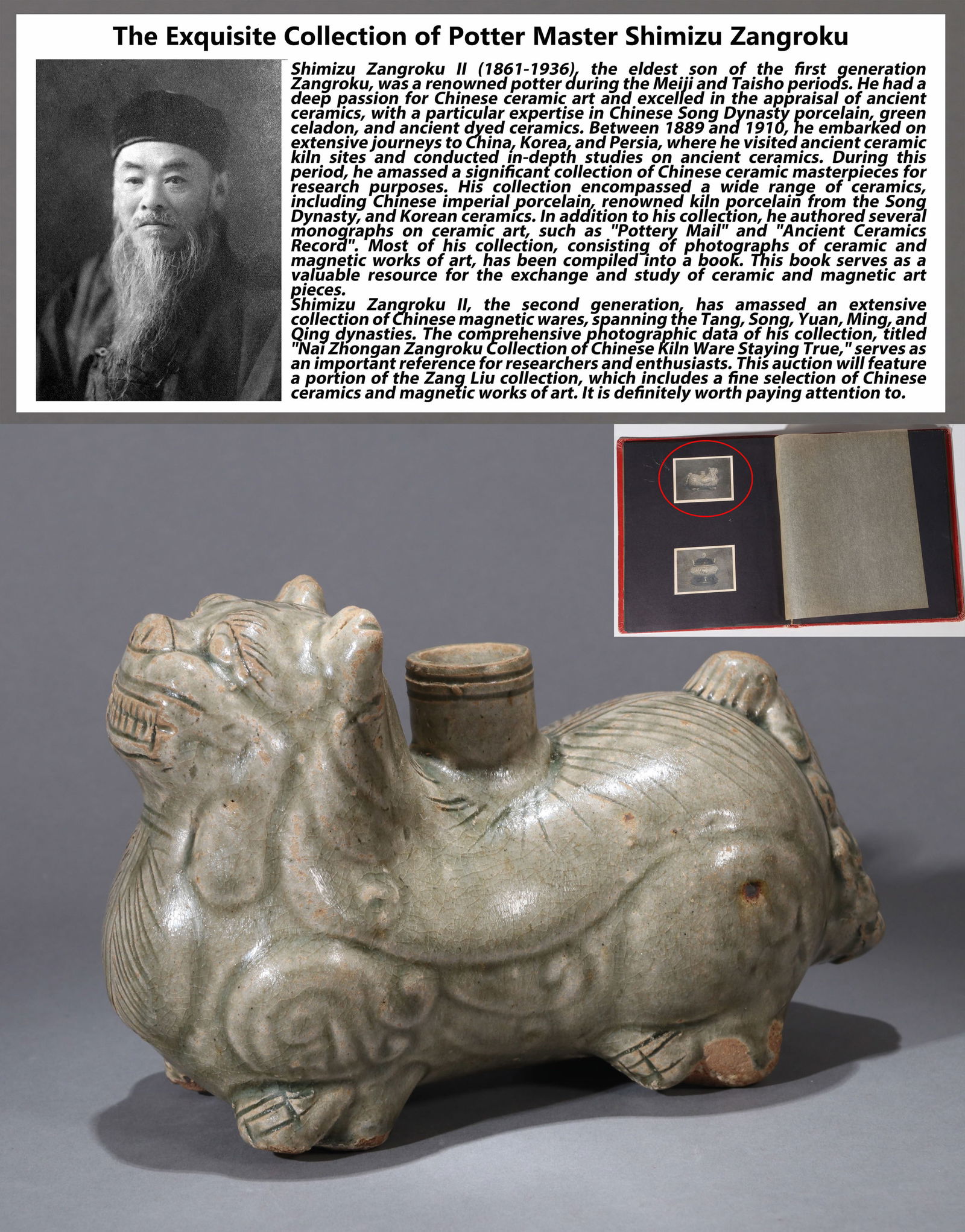 A YUEYAO CELADON TIGER: A Yueyao celadon figure of a tiger. Height 13 cm, Length 18 cm. Note: By repute, from the collection of Mashimizu Zoroku. Original photo of the collection item is only available as a photocopy or scan