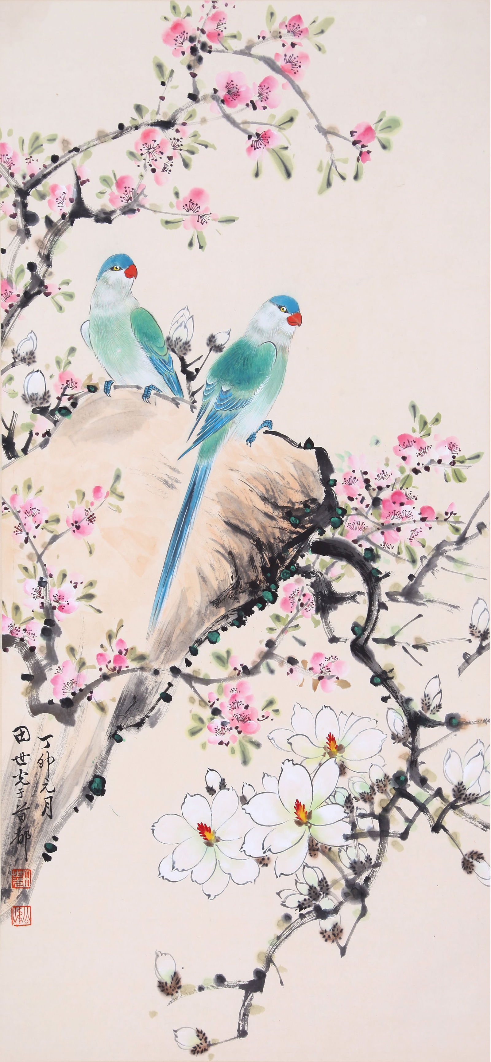 ATTRIBUTED TO TIAN SHIGUANG, PARROT AND PEACH BLOSSOMS, HANGING SCROLL: Attributed to Tian Shiguang. Parrot and Peach Blossoms. Ink on paper, hanging scroll. 95 x 42 cm. Condition: Creases and stains on the mounting and the painting.