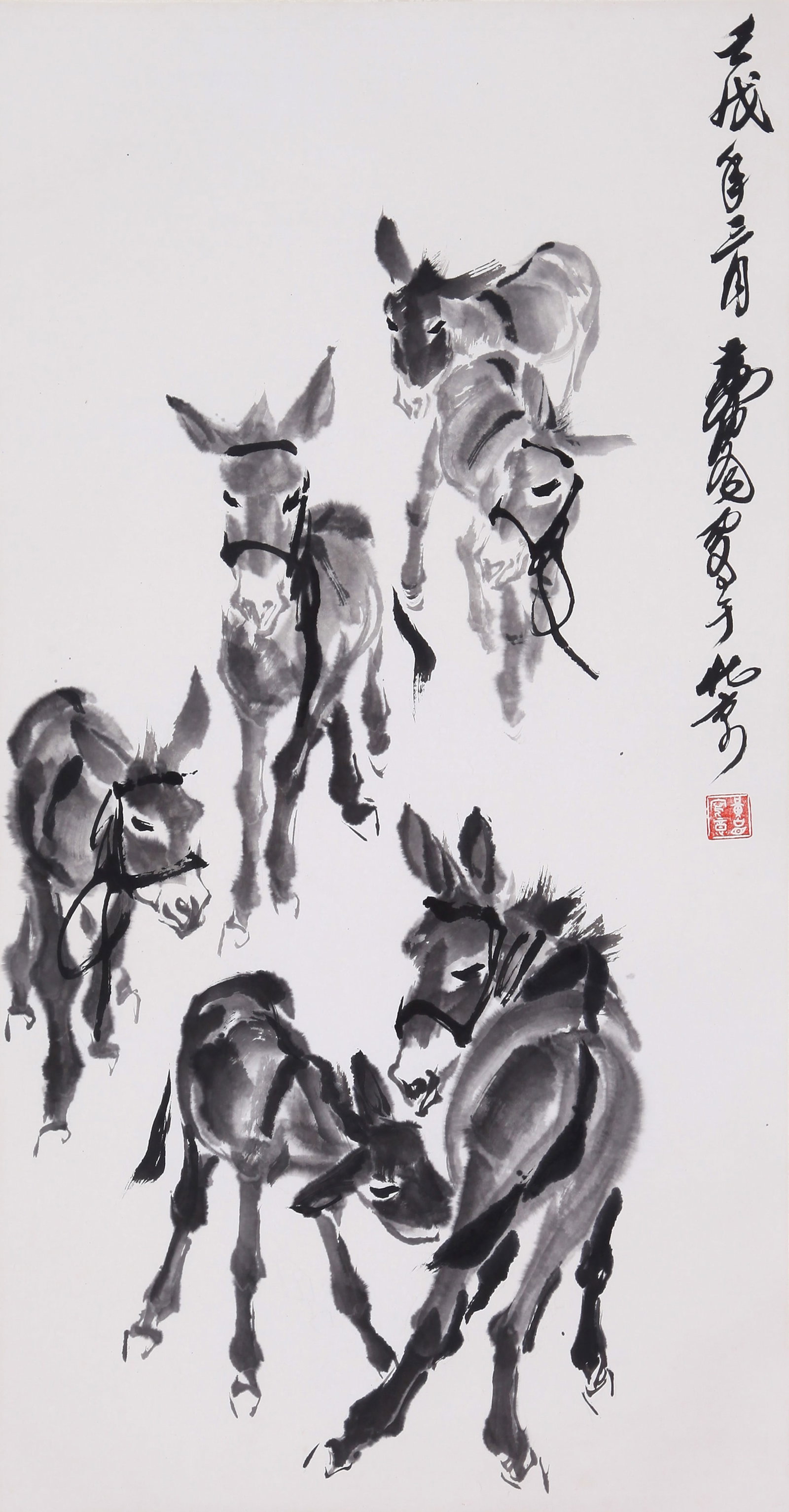 ATTRIBUTED TO HUANG ZHOU, DONKEYS, HANGING SCROLL: Attributed to Huang Zhou. Six Donkeys. Ink on paper, hanging scroll. 96 x 49.5 cm. Condition: Creases and stains on the mounting and the painting.