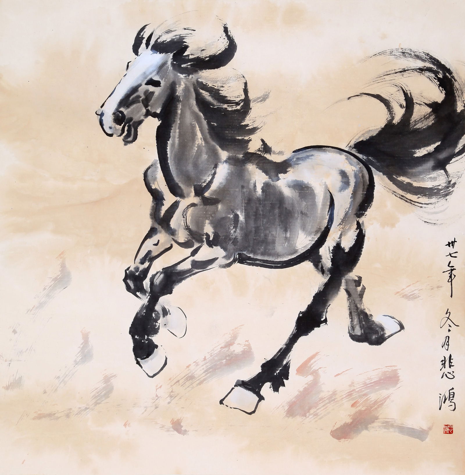 ATTRIBUTED TO XU BEIHONG, GALLOPING HORSE, MOUNTED FOR FRAMING (1 of 8)