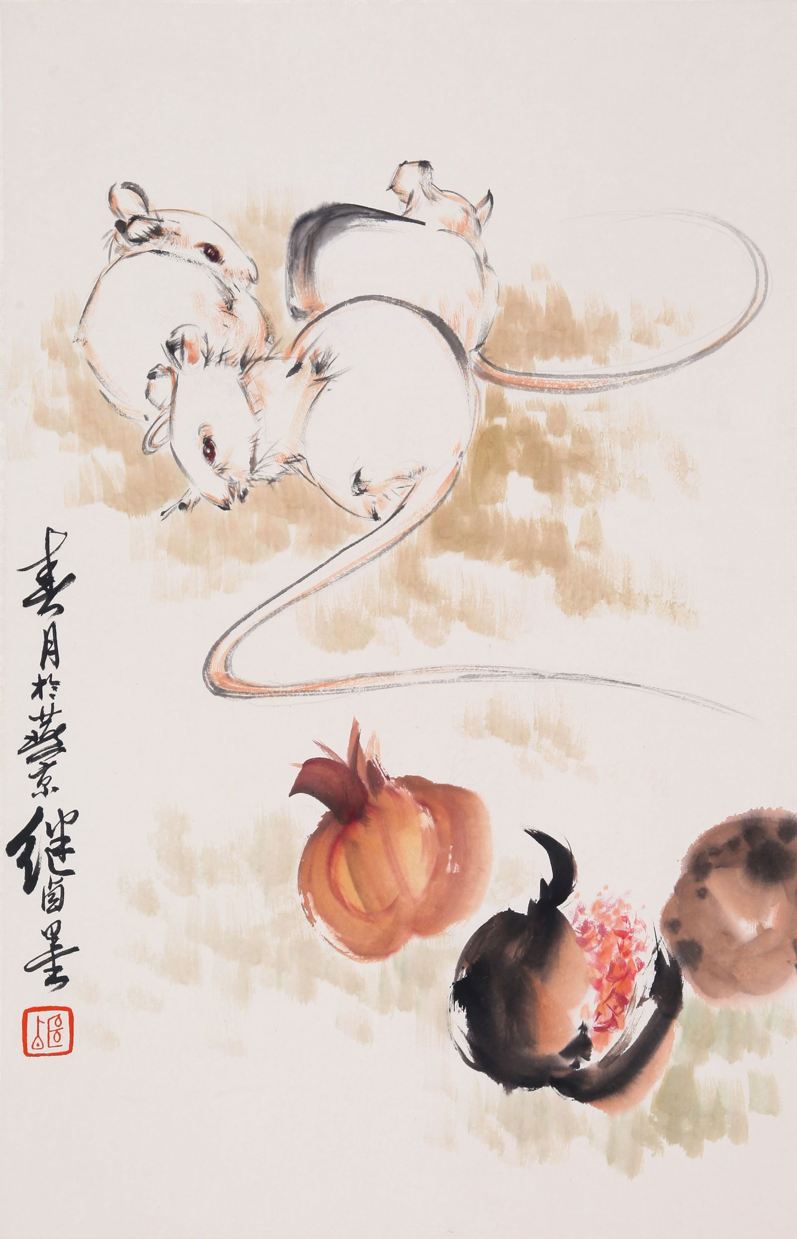 ATTRIBUTED TO LIU JIYOU, POMEGRANATES, HANGING SCROLL: Attributed to Liu Jiyou. Abundance (Pomegranates). Ink on paper, hanging scroll. 67 x 42.5 cm. Condition: Creases and stains on the mounting and the painting.