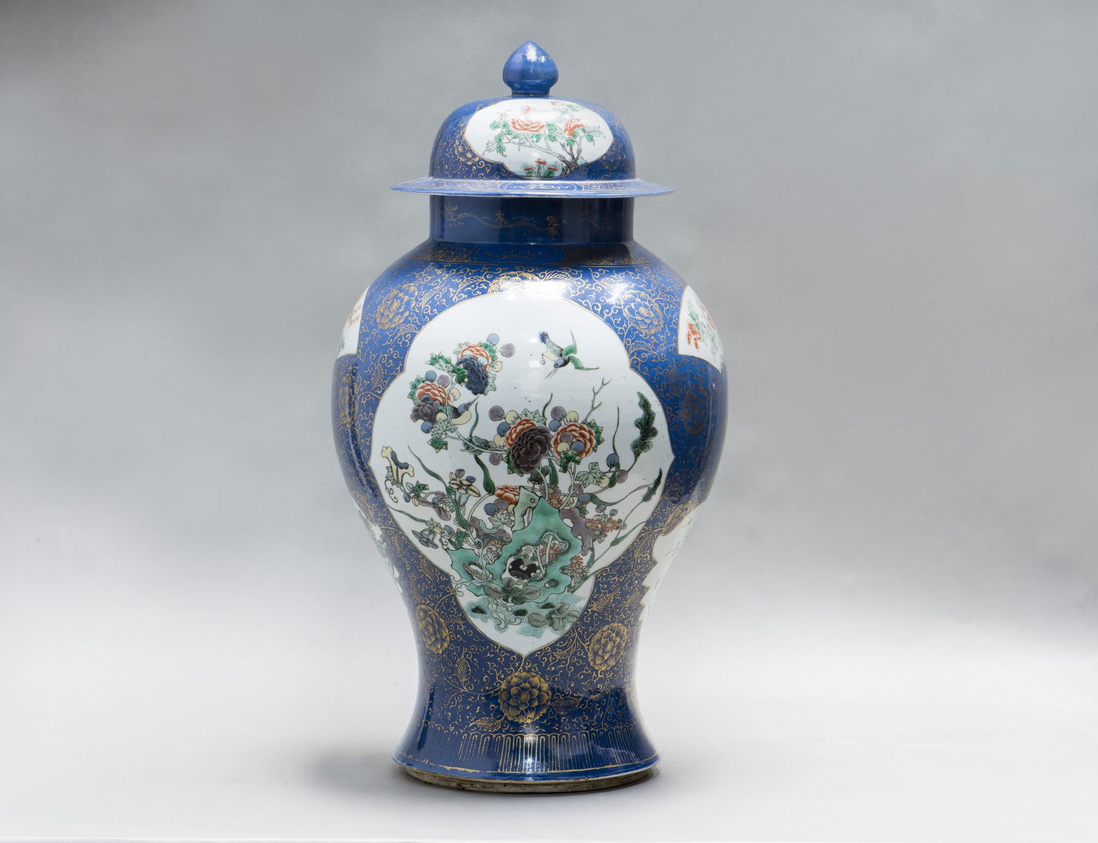 Large Chinese Famille Rose Powder-Blue Ground Baluster Vase and Cover, 19th Century (1 of 11)