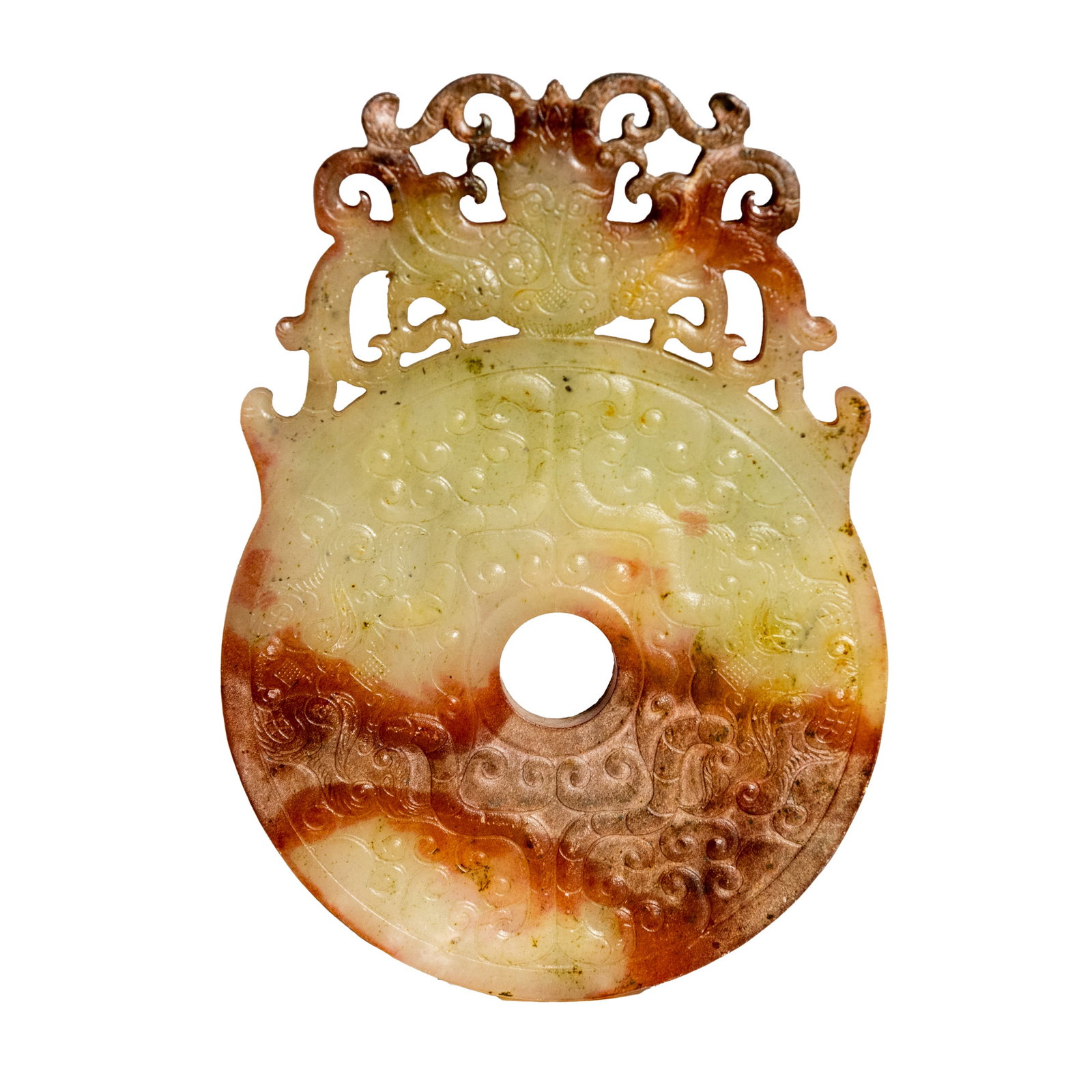 A Chinese Carved Jade Bi Disc Plaque: A Chinese carved jade bi disc plaque. 5.12"h x 3.74"w x 0.31"l (13 x 9.5 x 0.8 cm)