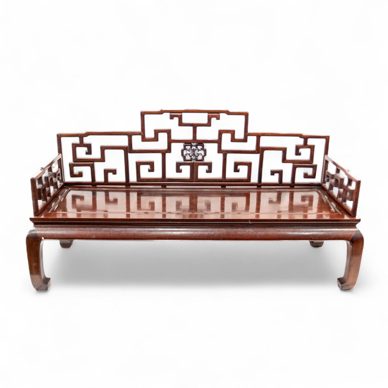 Chinese Rosewood Luohan Bed: Chinese rosewood Luohan bed with hollow carving design on back and arms, curved feet. 39.37"h x 29.53"w x 82.68"l (100 x 75 x 210 cm)