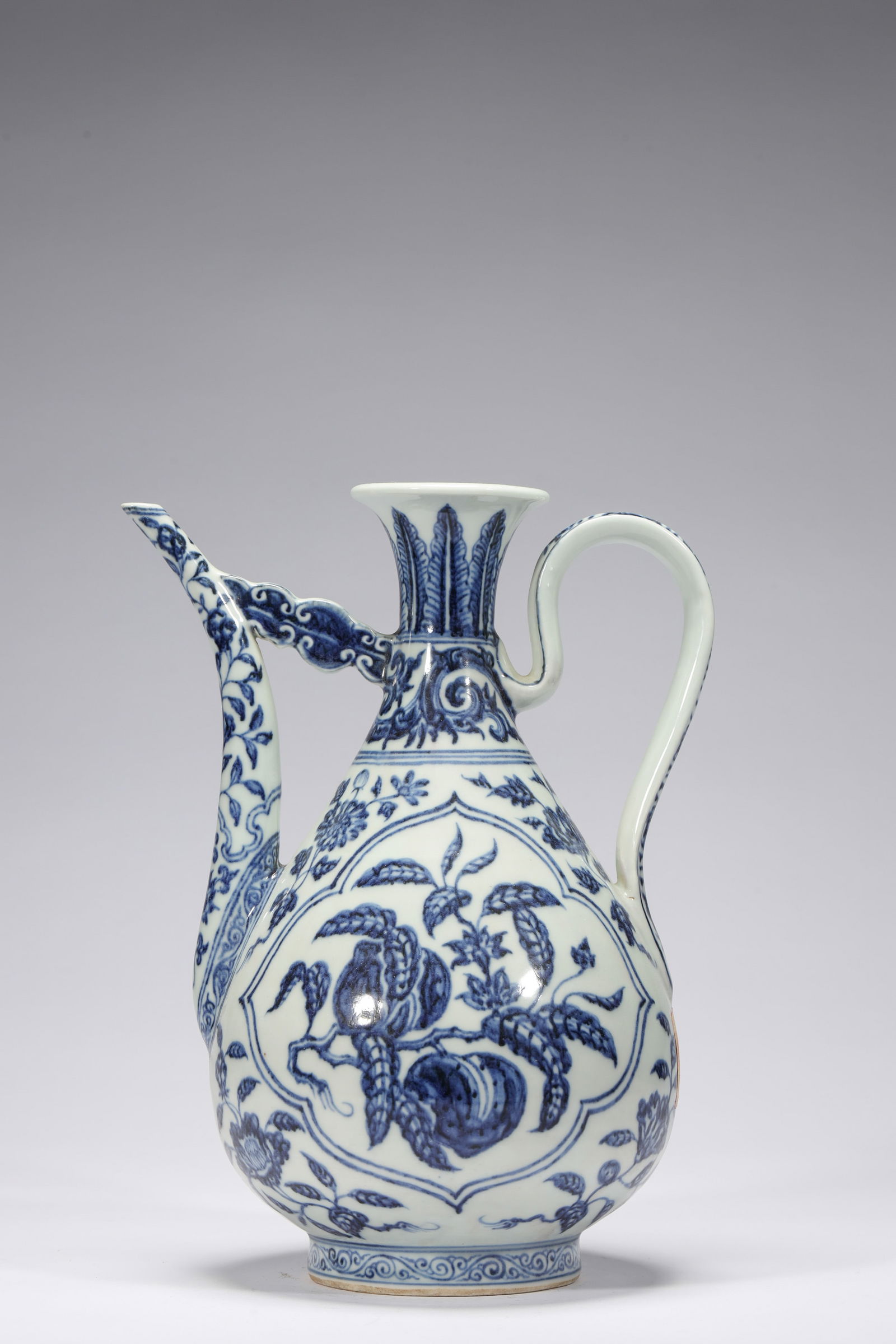 BLUE AND WHITE LONGEVITY EWER: Blue and white longevity ewer. Dimensions: Height: 29 cm, Width: 23 cm.