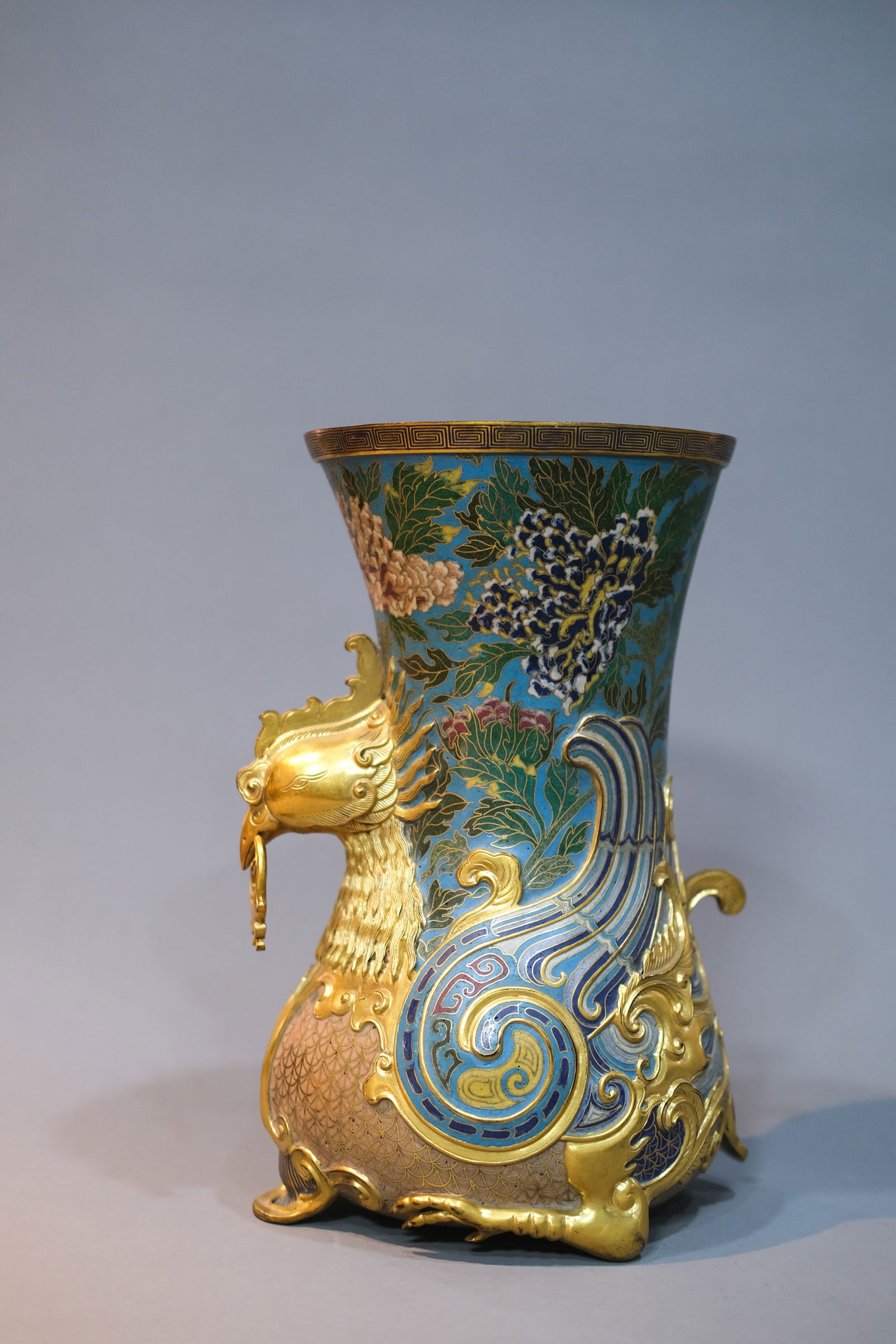 CLOISONNE ENAMEL PHOENIX-SHAPE ZUN: Cloisonne enamel phoenix-shape zun. Dimensions: Height: 31.2 cm.