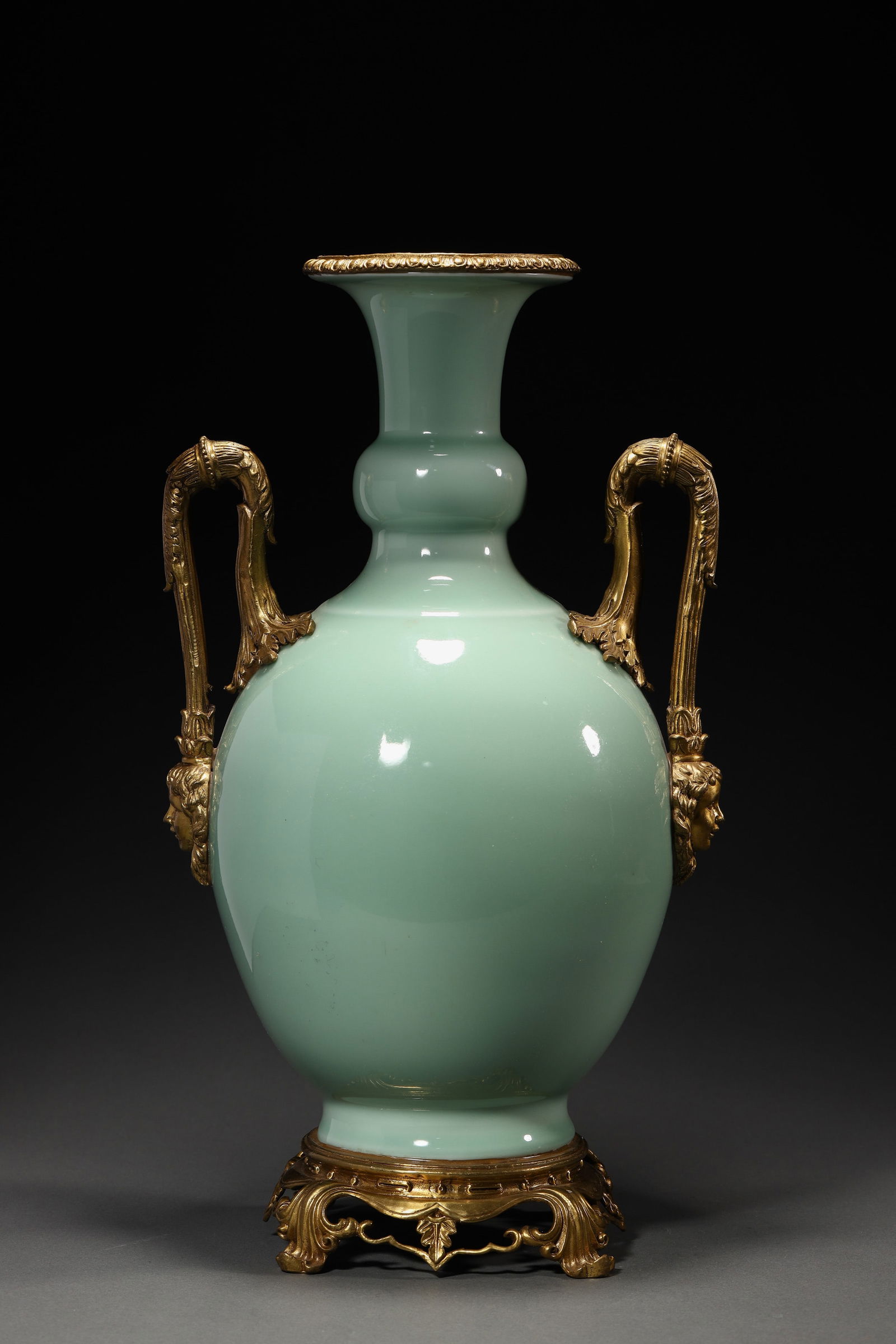 CELADON GLAZE BRONZE INLAYING DOUBLE-EARED VASE: Celadon glaze bronze inlaying double-eared vase. Dimensions: Height: 46.3 cm, Width: 26 cm.