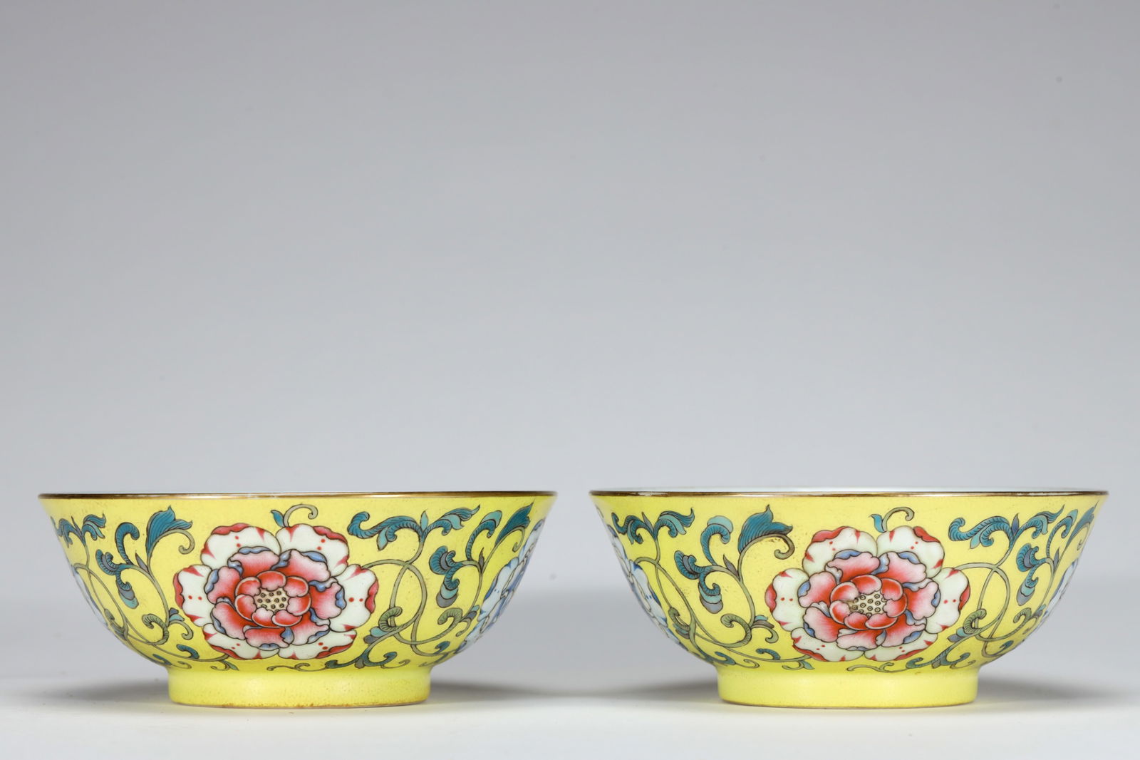 PAIR OF YELLOW GROUND ENAMEL LONGEVITY FLOWER BOWLS (1 of 3)