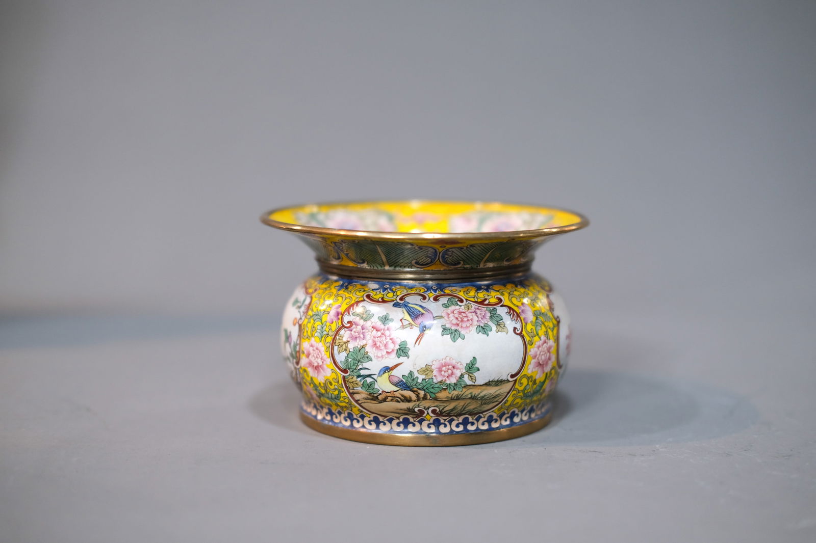 PAINTED ENAMEL FLOWER AND BIRD ZHADOU VESSEL: Painted enamel flower and bird zhadou vessel.Dimensions: Mouth Diameter: 11.8 cm, Height: 7.2 cm.