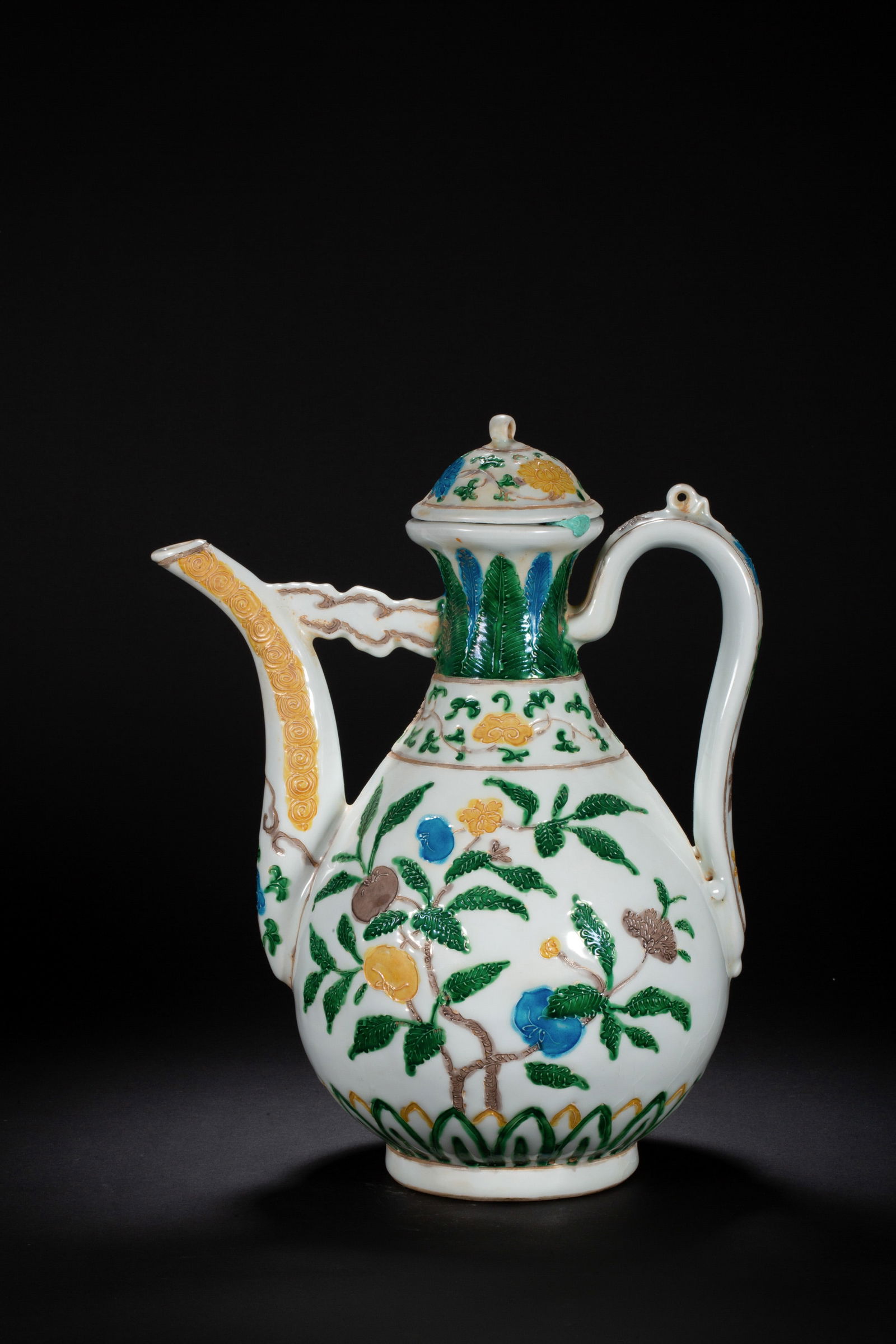 FAHUACAI GLAZE FRUITS AND FLOWER POT: Fahuacai glaze fruits and flower pot. Dimensions: Height: 31.5 cm, Bottom Diameter: 9.7 cm.