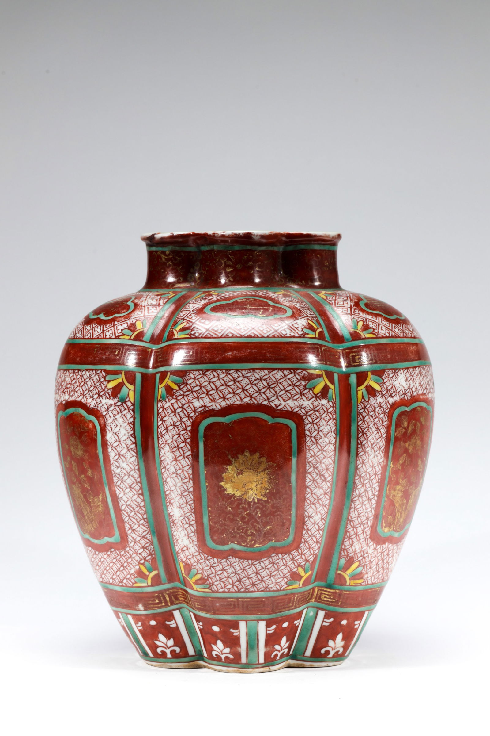 GILT RED GROUND WUCAI LOBED VASE (1 of 5)