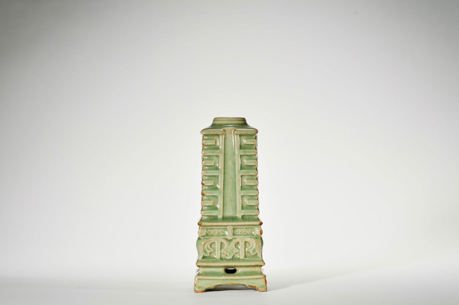 CELADON GLAZE STUPA-SHAPE VASE: Celadon glaze stupa-shape vase.Dimensions: Height: 18.5 cm, Width: 8 cm.