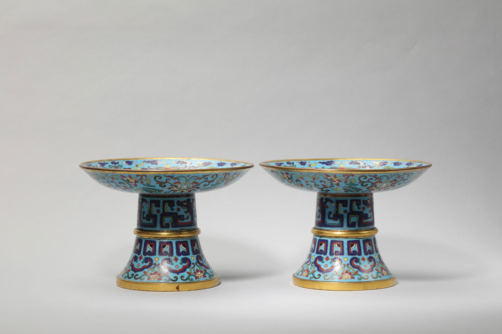 PAIR OF CLOISONNE ENAMEL EIGHT TREASURES STEM PLATES (1 of 5)
