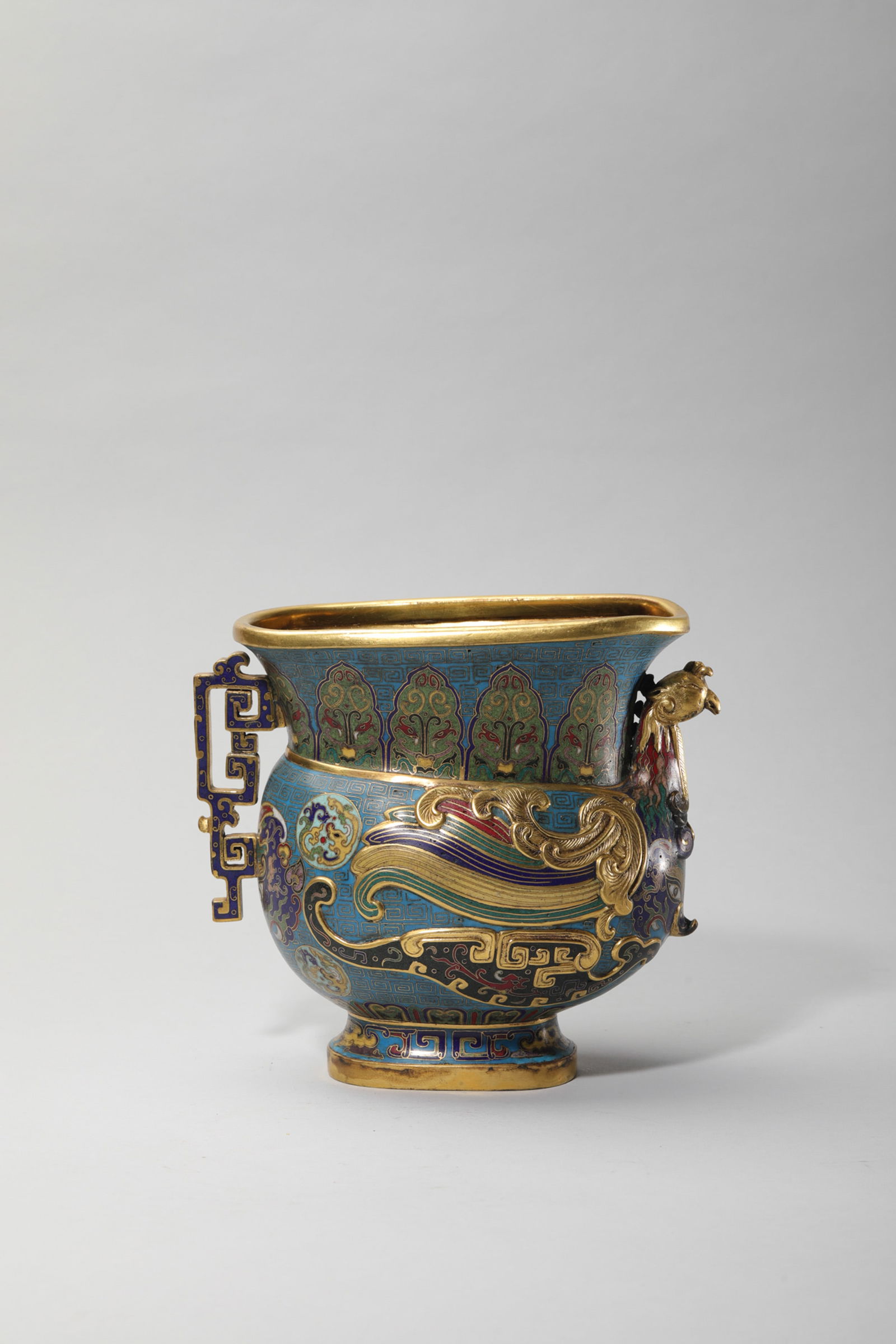 CLOISONNE ENAMEL PHOENIX RHYTON CUP: Cloisonne enamel phoenix rhyton cup.Dimensions: Height: 16.2 cm, Width: 18 cm.