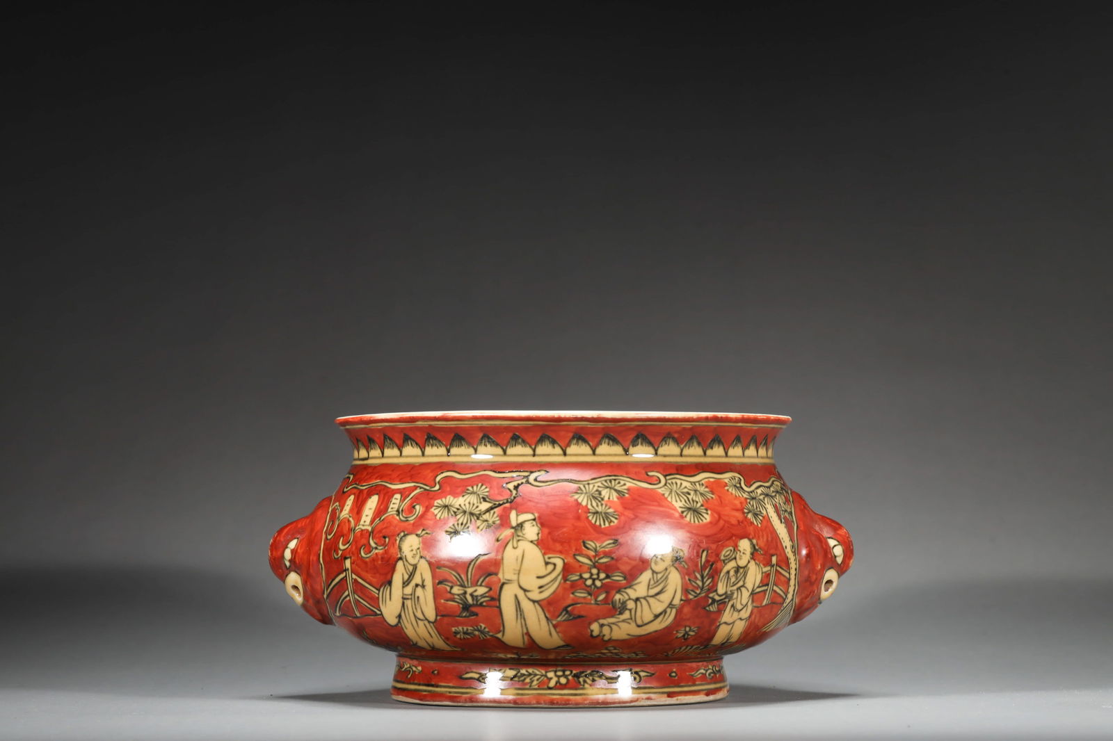 MING WANLI RED AND YELLOW-GLAZED FIGURAL CENSER: Ming Wanli red and yellow-glazed figural censer. Dimensions: Height: 10.2 cm, Width: 21 cm.