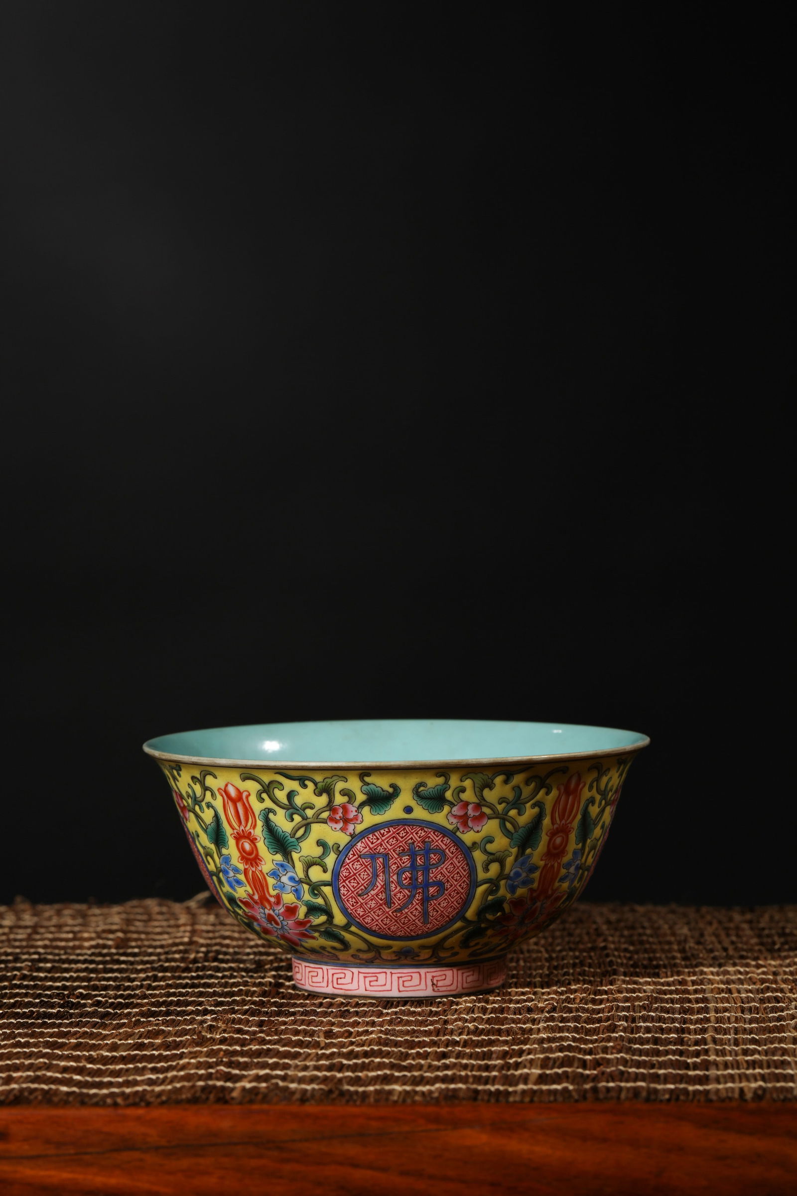 YELLOW GROUND FALANGCAI GLAZE BUDDHIST BOWL: Yellow ground falangcai glaze Buddhist bowl. Dimensions: Height: 7.2 cm, Diameter: 15 cm.