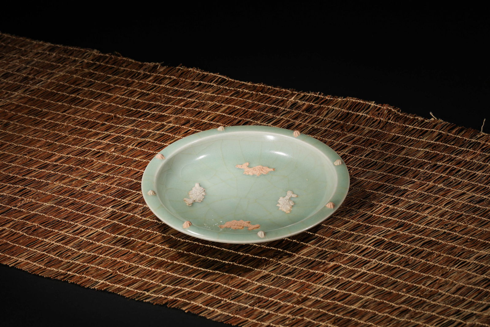 CELADON GLAZE CARP DISH: Celadon glaze carp dish. Dimensions: Height: 3.6 cm, Diameter: 19.2 cm.