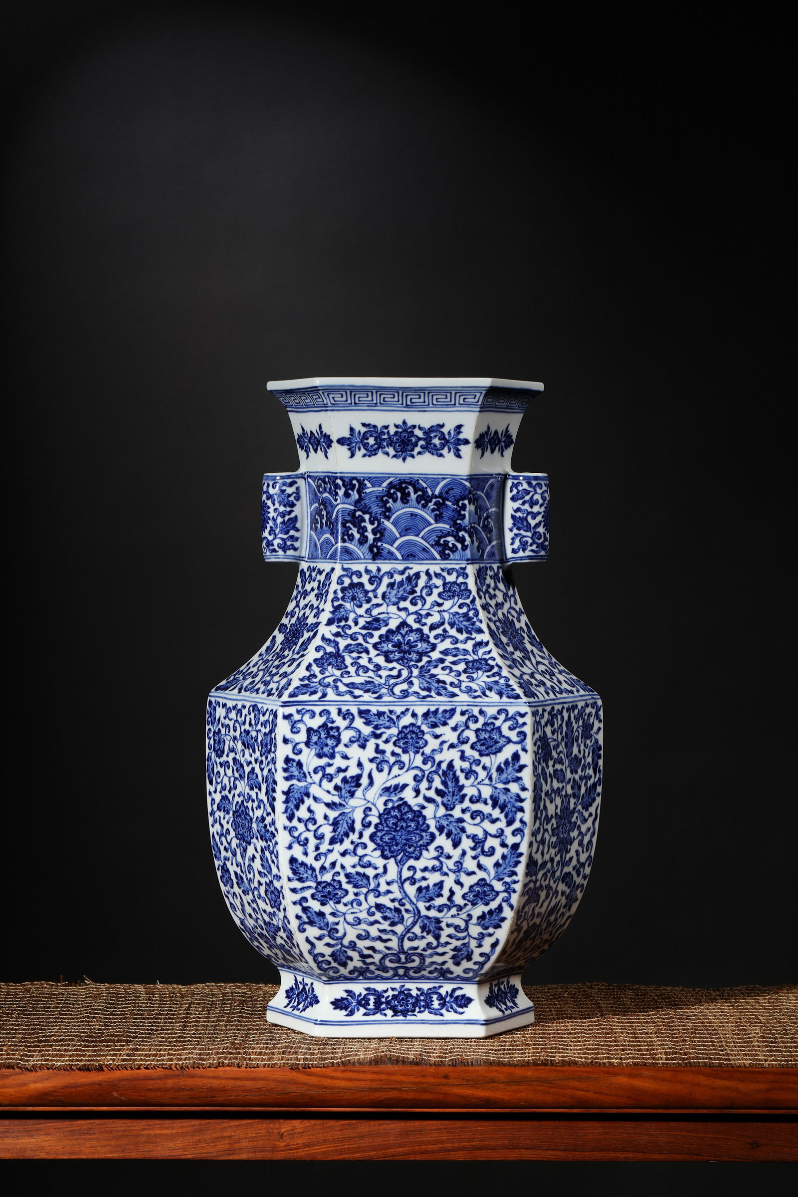 BLUE AND WHITE FLOWER HEXAGONAL DOUBLE-EARED VASE (1 of 4)