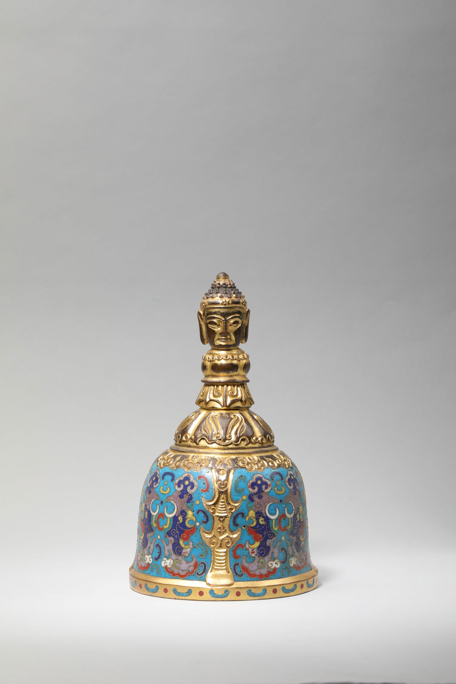 CLOISONNE ENAMEL TEMPLE BELL: Cloisonne enamel temple bell. Dimensions: Height: 20 cm, Diameter: 12 cm.