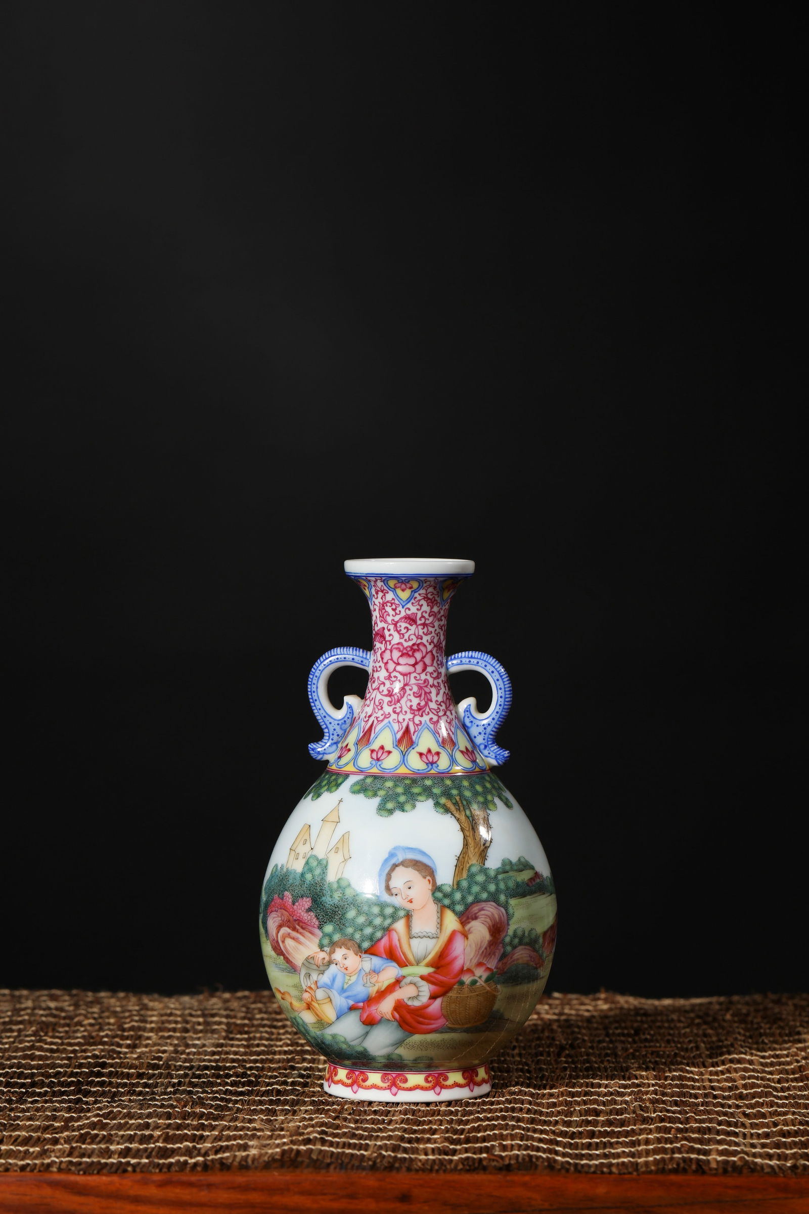 FALANGCAI GLAZE WESTERN FIGURE DOUBLE-EARED VASE: Falangcai glaze western figure double-eared vase. Dimensions: Height: 16.5 cm, Width: 9.3 cm.